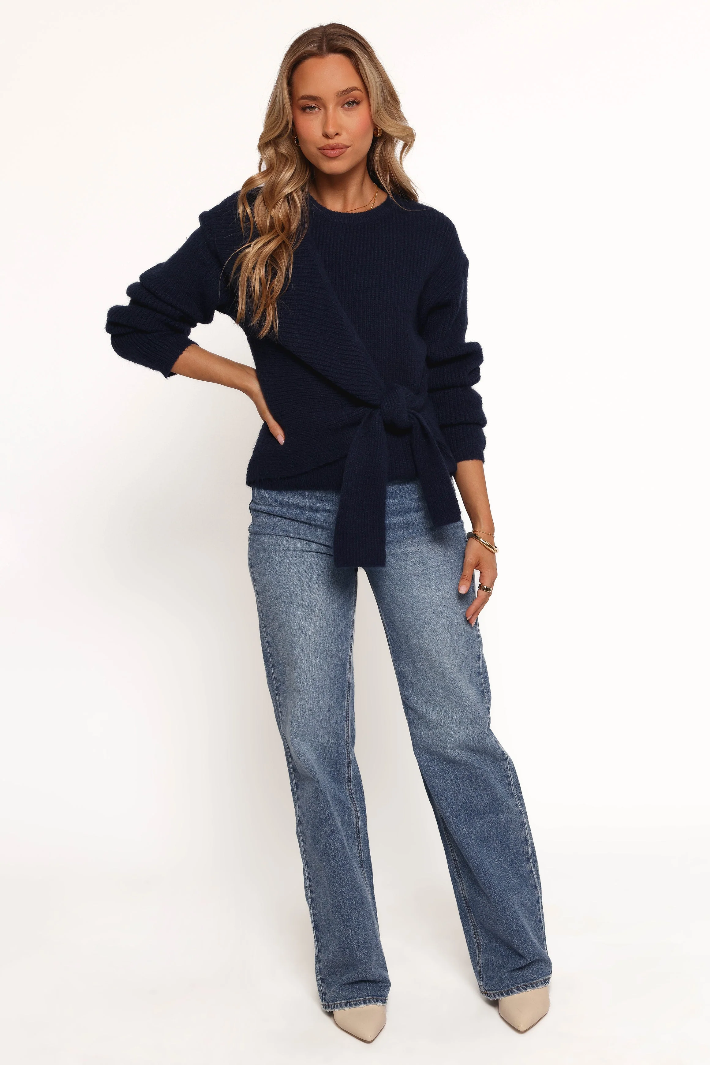Ettie Wrap Side Tie Knit Sweater - Navy