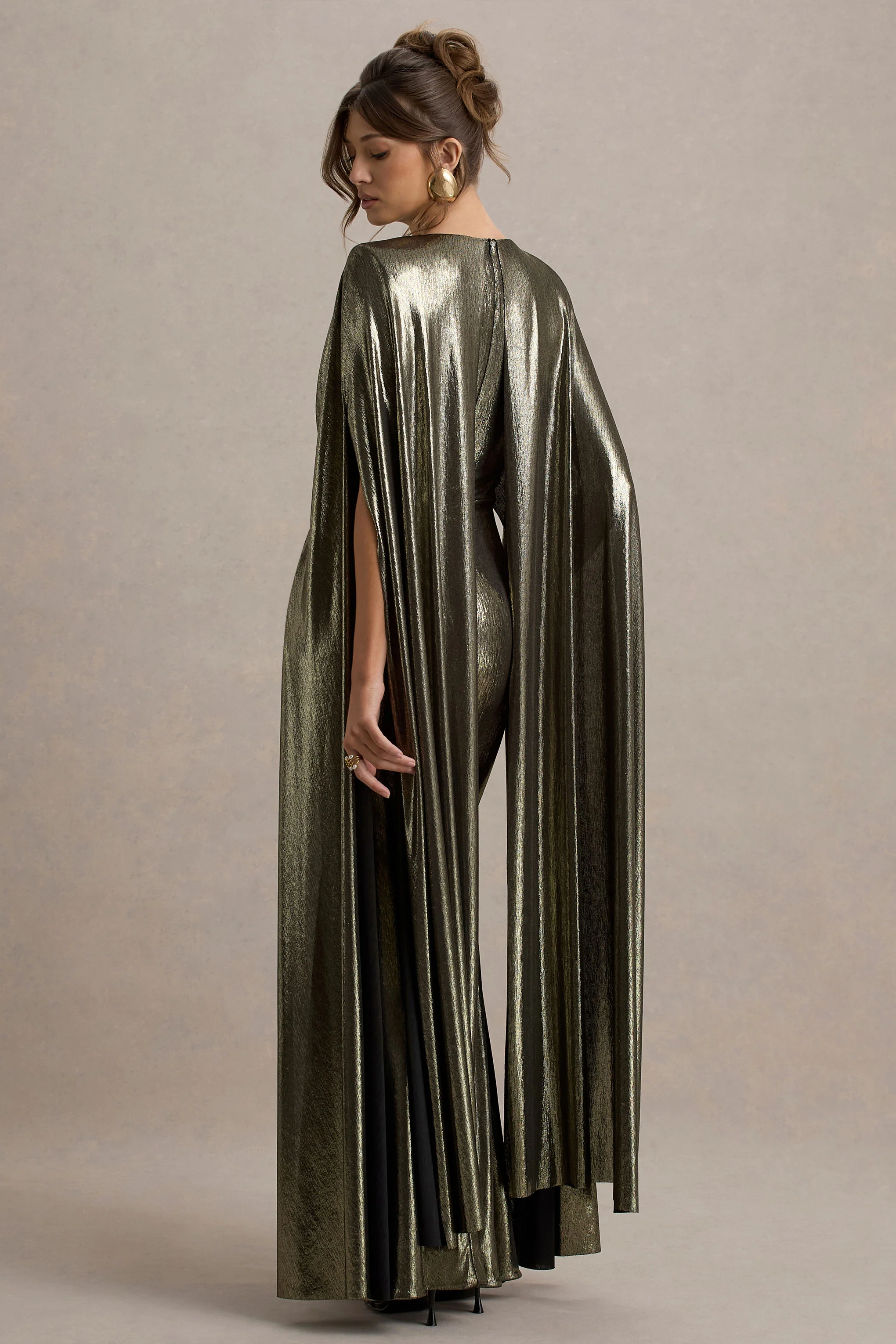 Theia | Gold Metallic Cape-Sleeve Split Maxi Dress