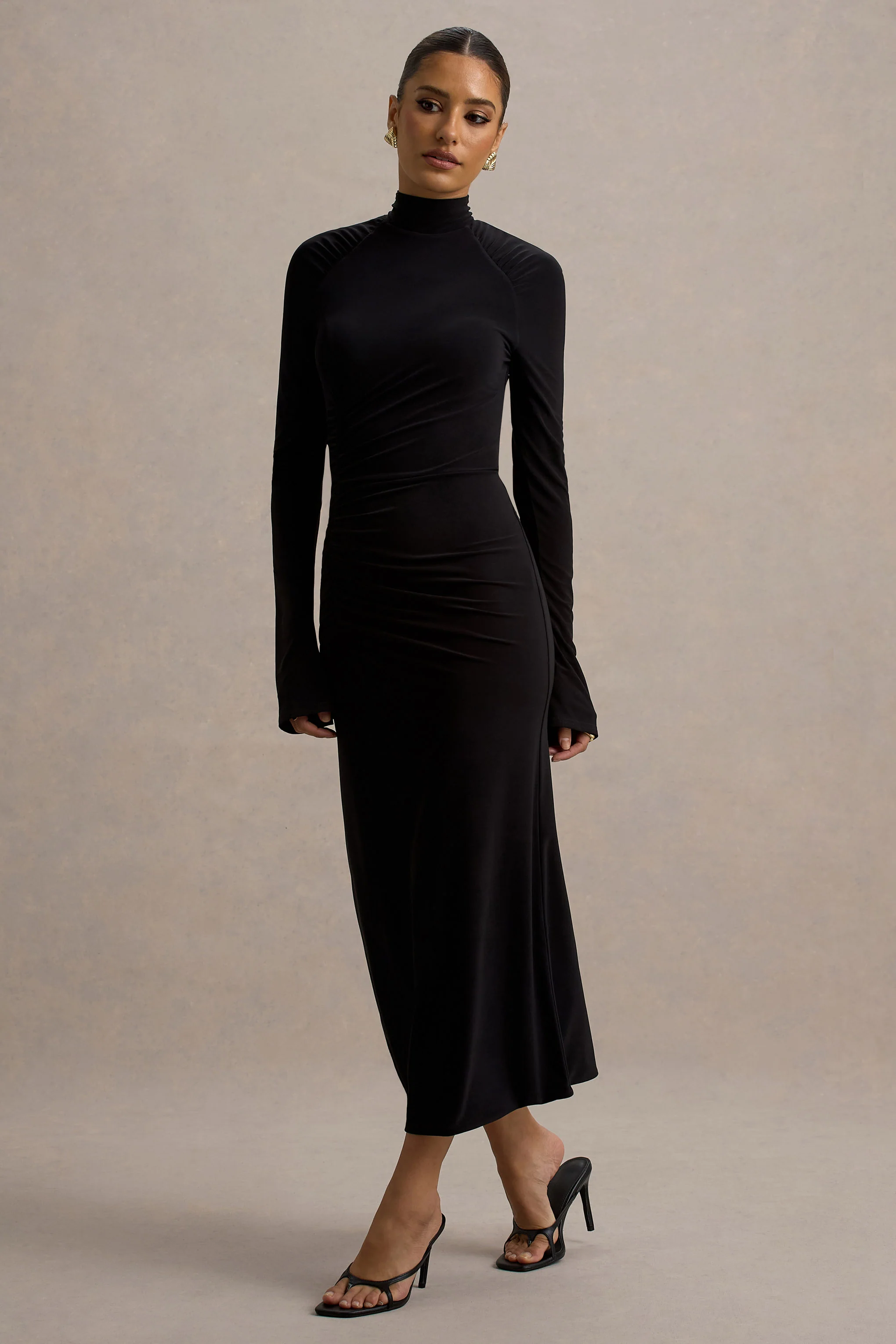 Cassandra | Black High-Neck Long-Sleeve Midi Dress