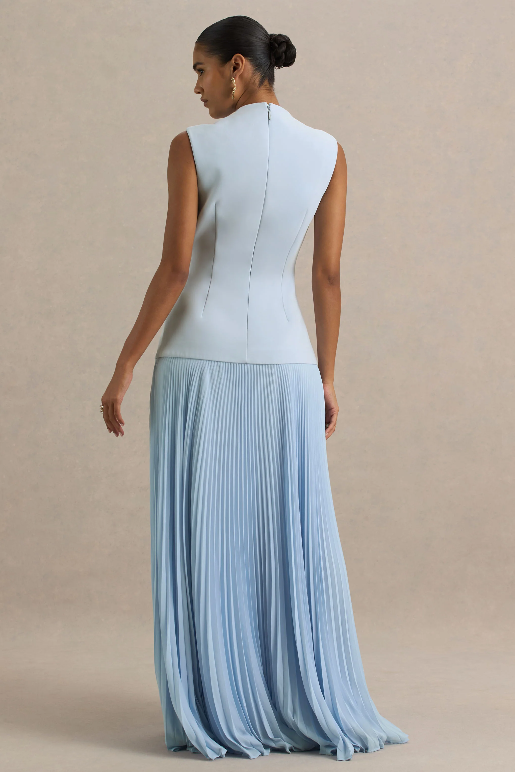 Heavenly | Powder Blue High Neck Maxi Dress With Pleated Detailing