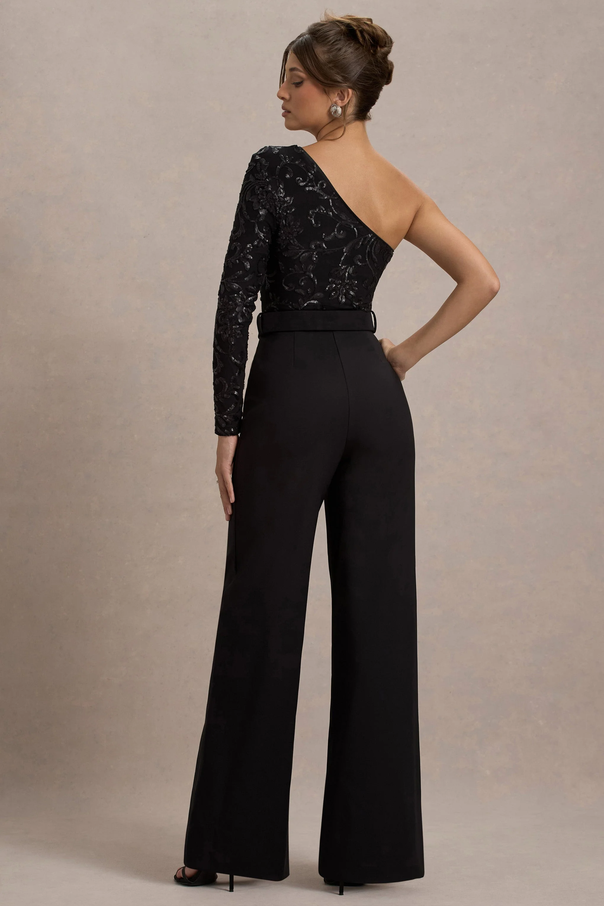 Upgrade | Black Lace Asymmetric Belted Wide-Leg Jumpsuit