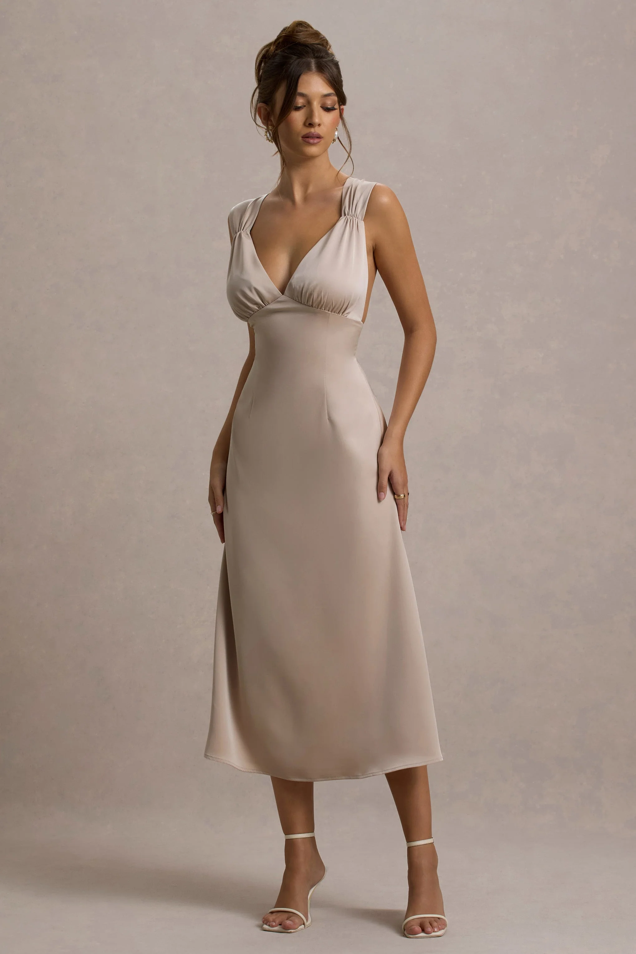 Beck | Champagne Satin Plunge-Neck Cross-Back Midi Dress