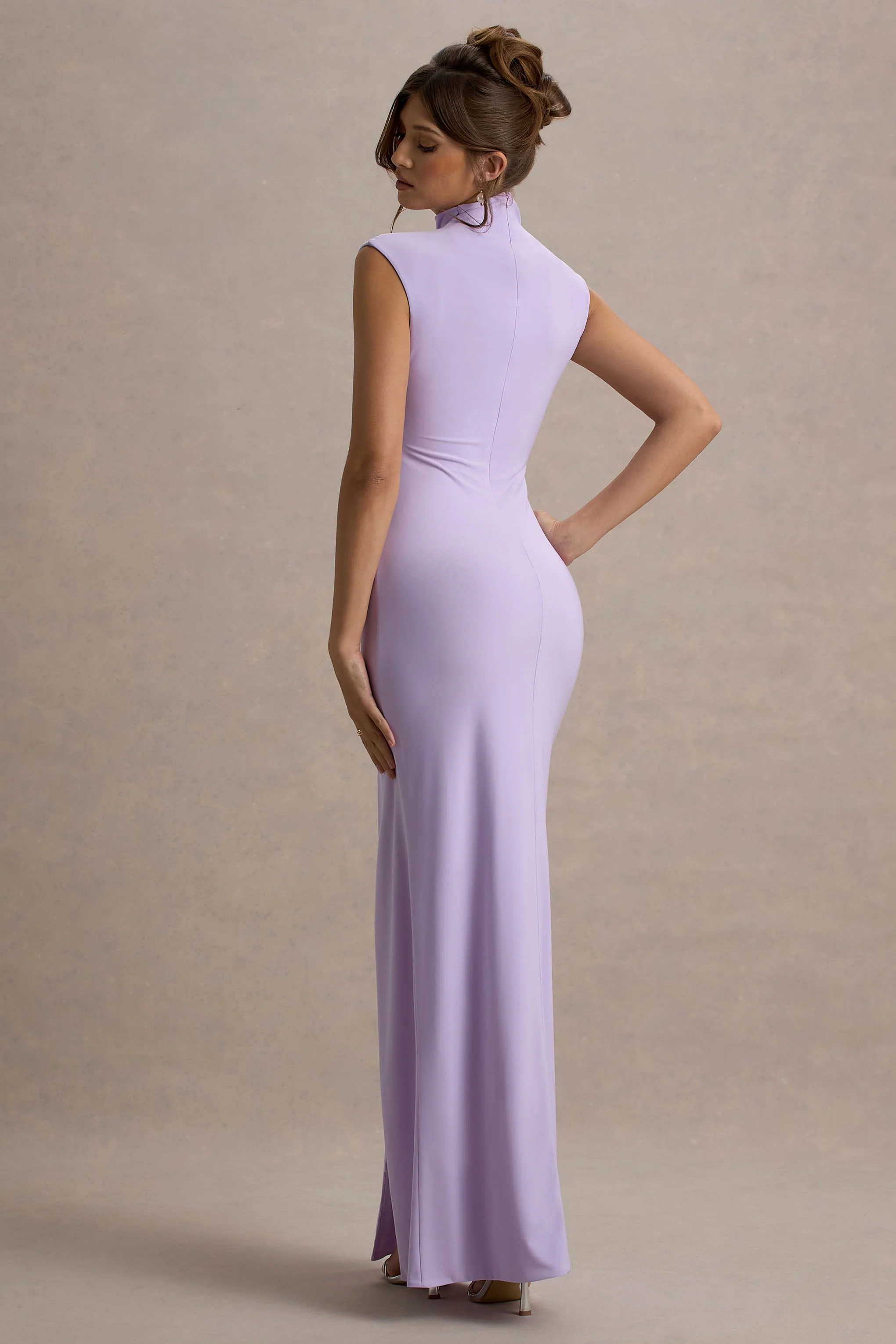 Lanetta | Lilac Ruched High-Neck Maxi Dress With Split