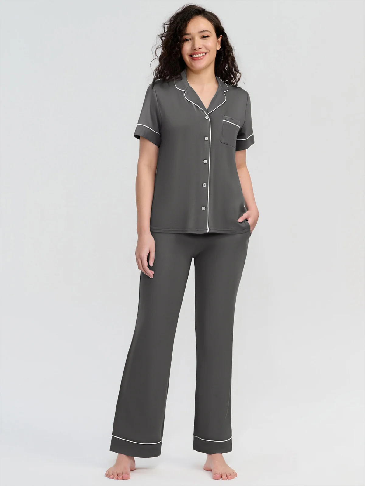 Solid Piped Short Sleeve Pajamas Set