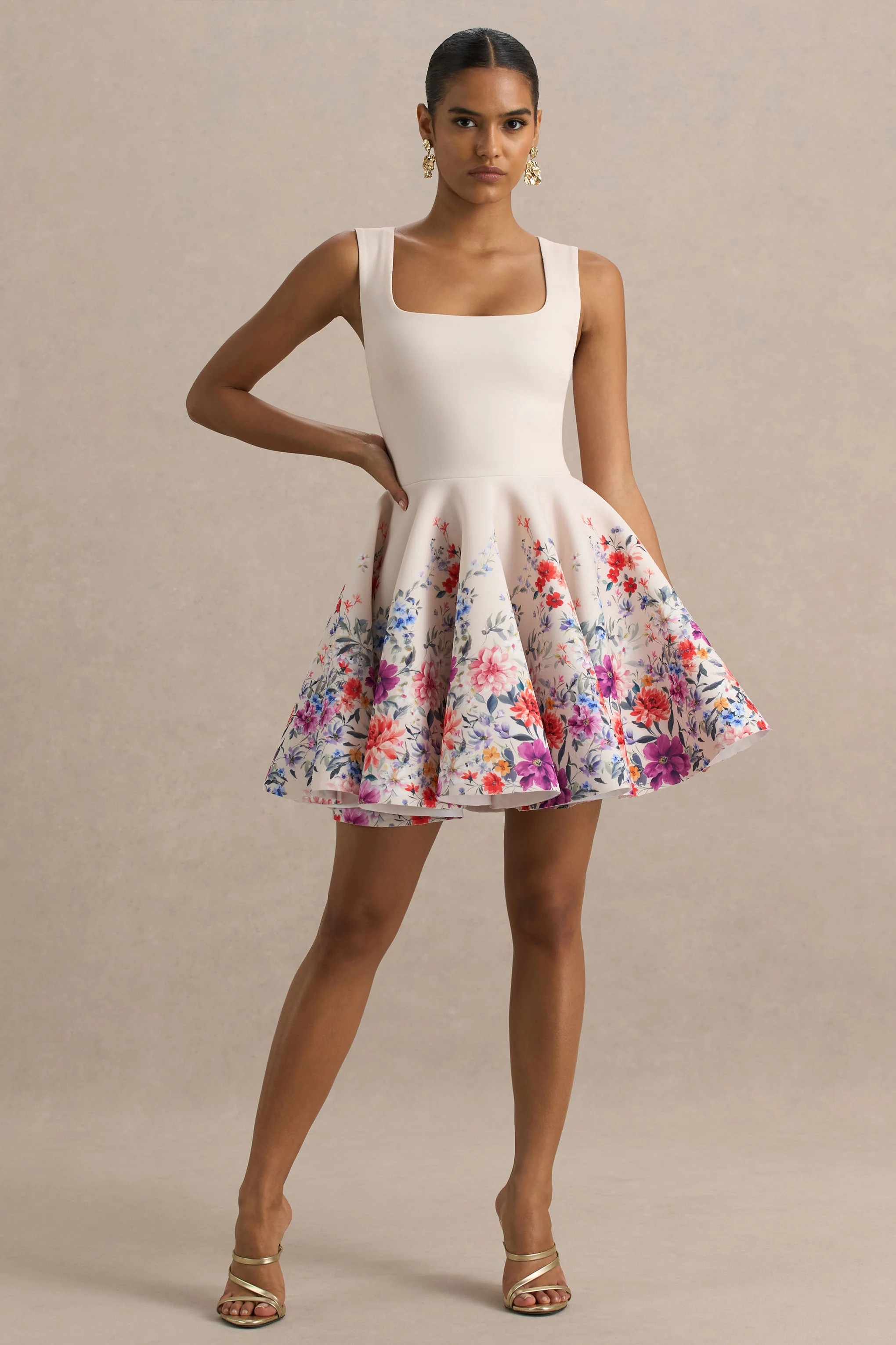 Gemstone | Light Pink Floral Print Square-Neck Skater Mini Dress