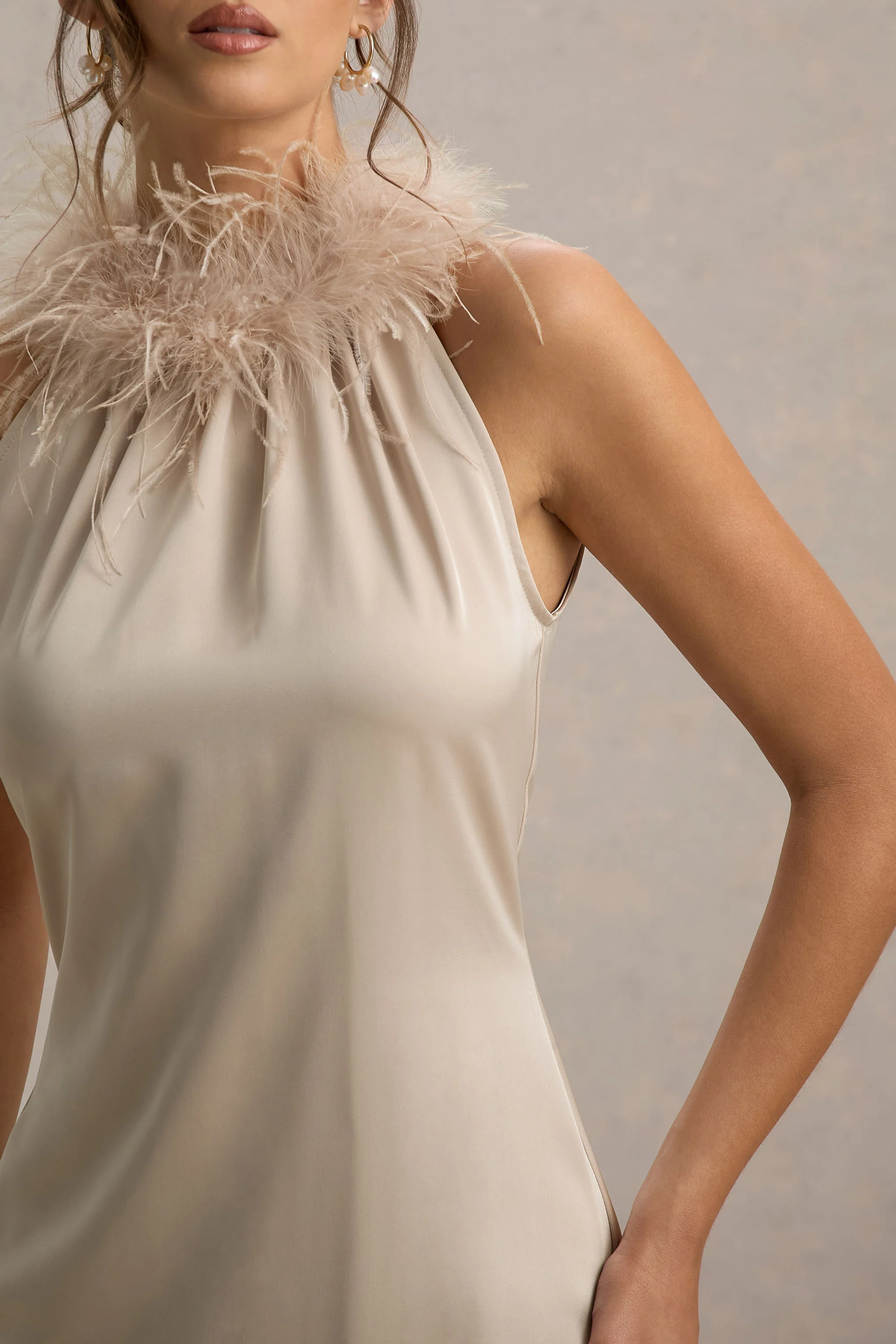 Bianca | Champagne Satin Feather-Trim Maxi Dress