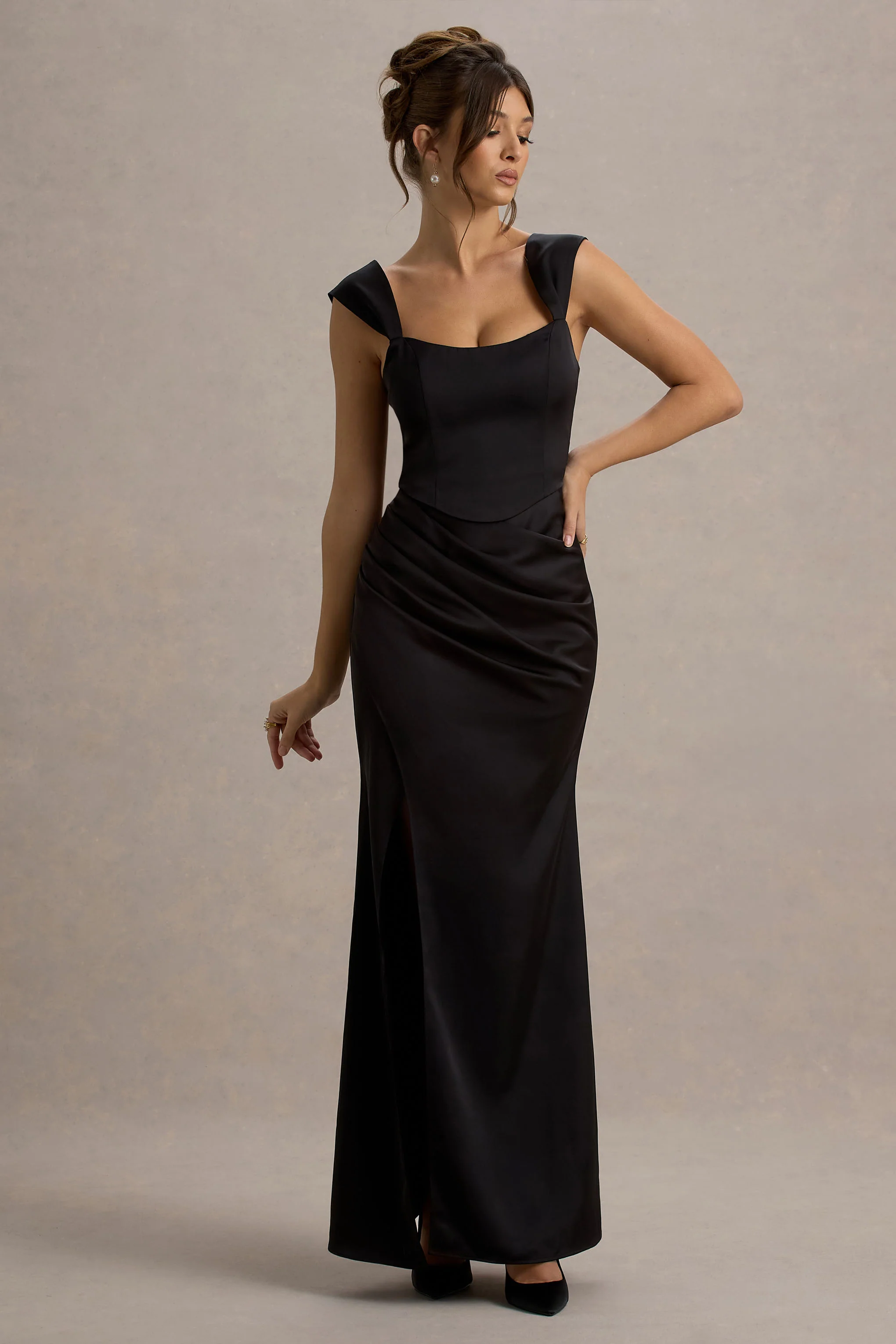 Admire | Black Satin Corset Wrap Maxi Dress