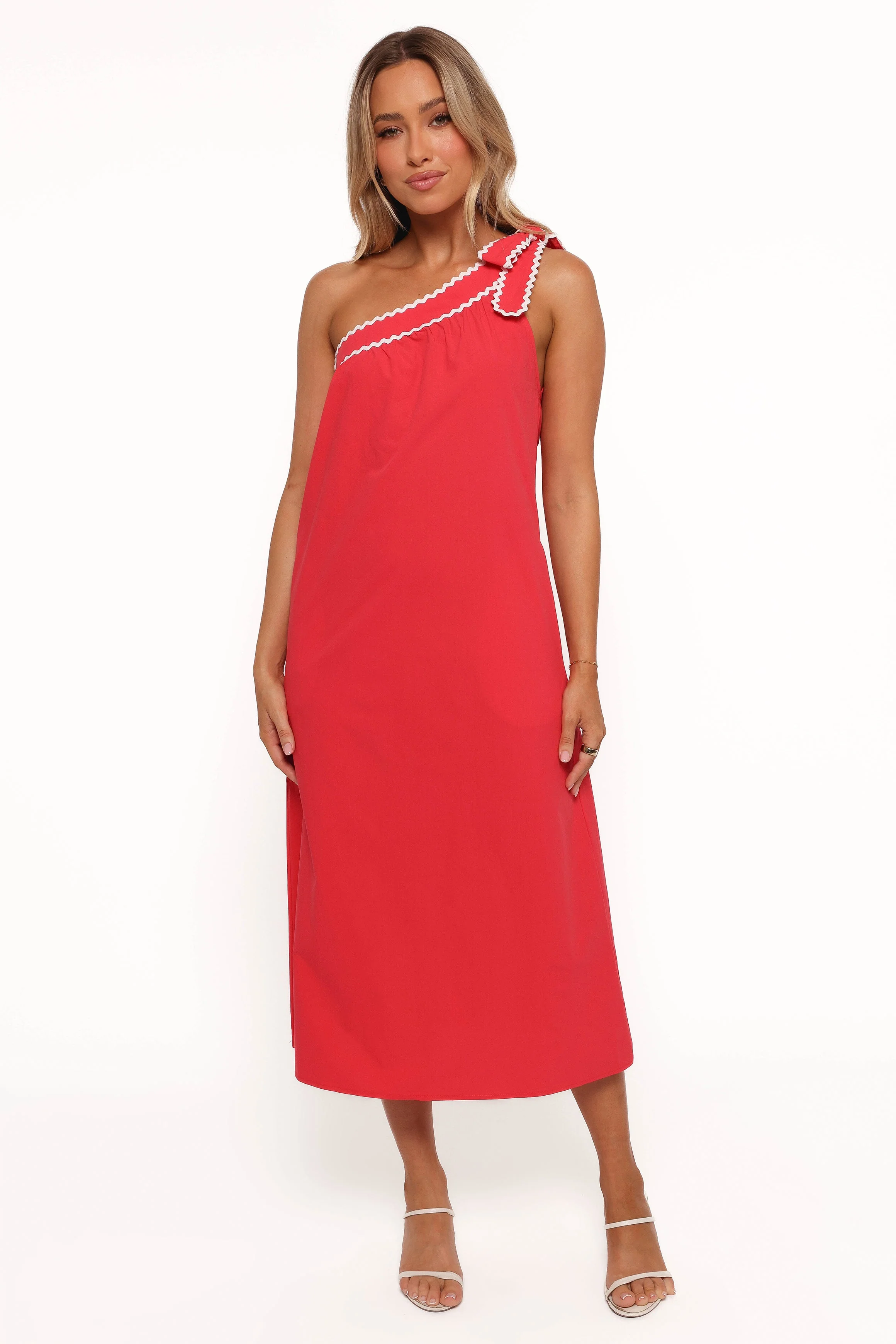 Brynlee One Shoulder Midi Dress - Red/White