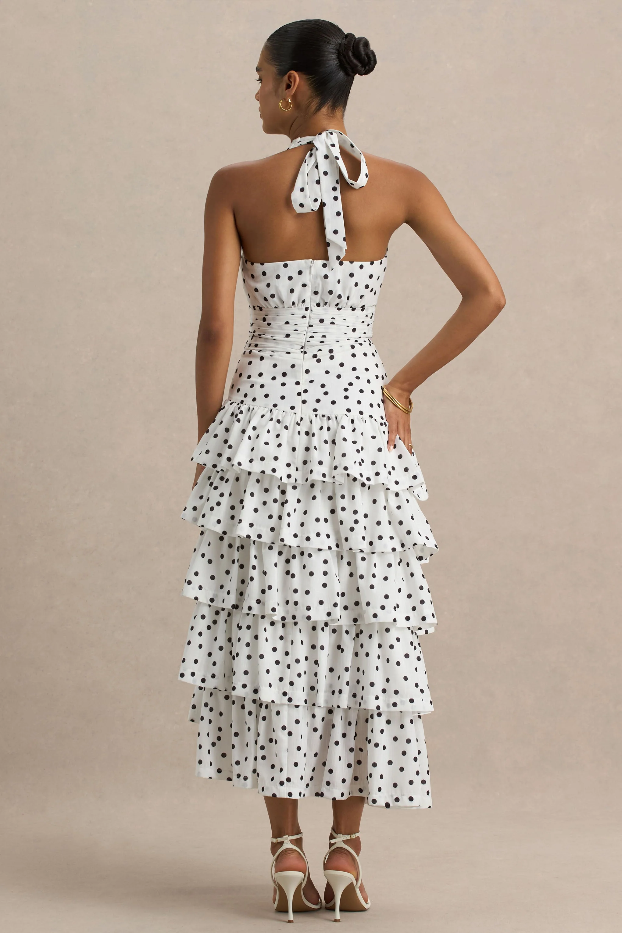 Violet | White Polka Dot Linen Midi Dress With Halter-Neck and Ruffled Skirt