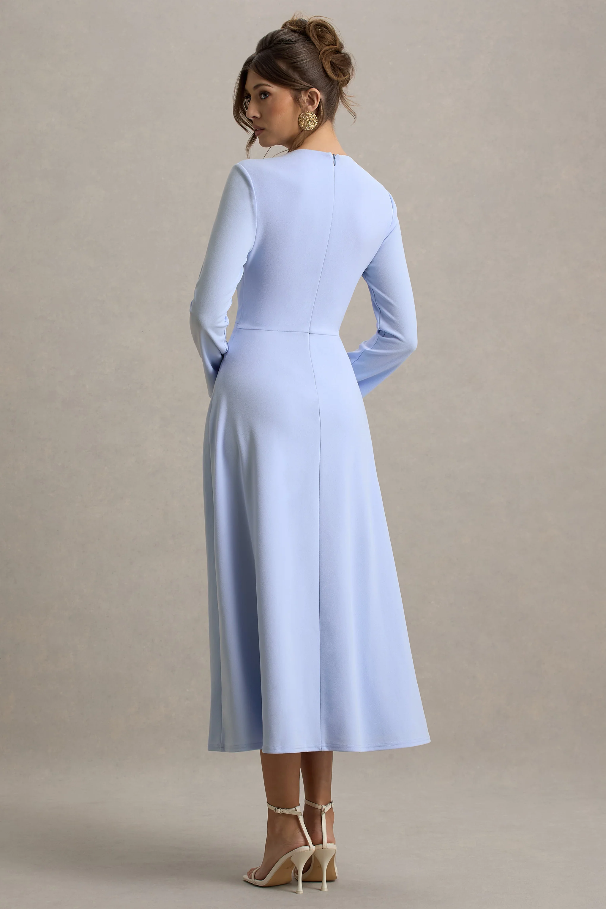 Cassiopeia | Light Blue Long-Sleeve Midi Dress With Cross Waist