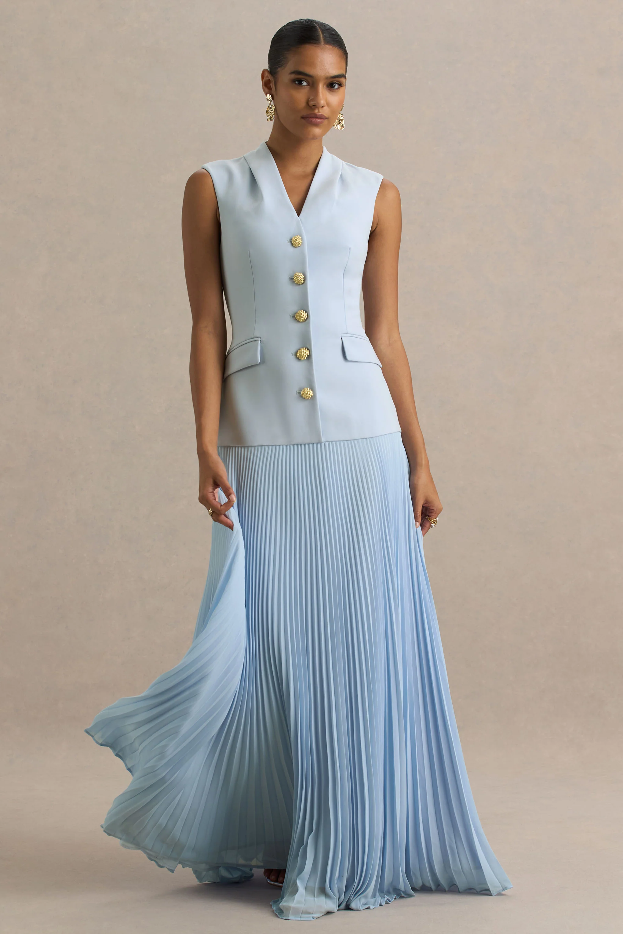 Heavenly | Powder Blue High Neck Maxi Dress With Pleated Detailing