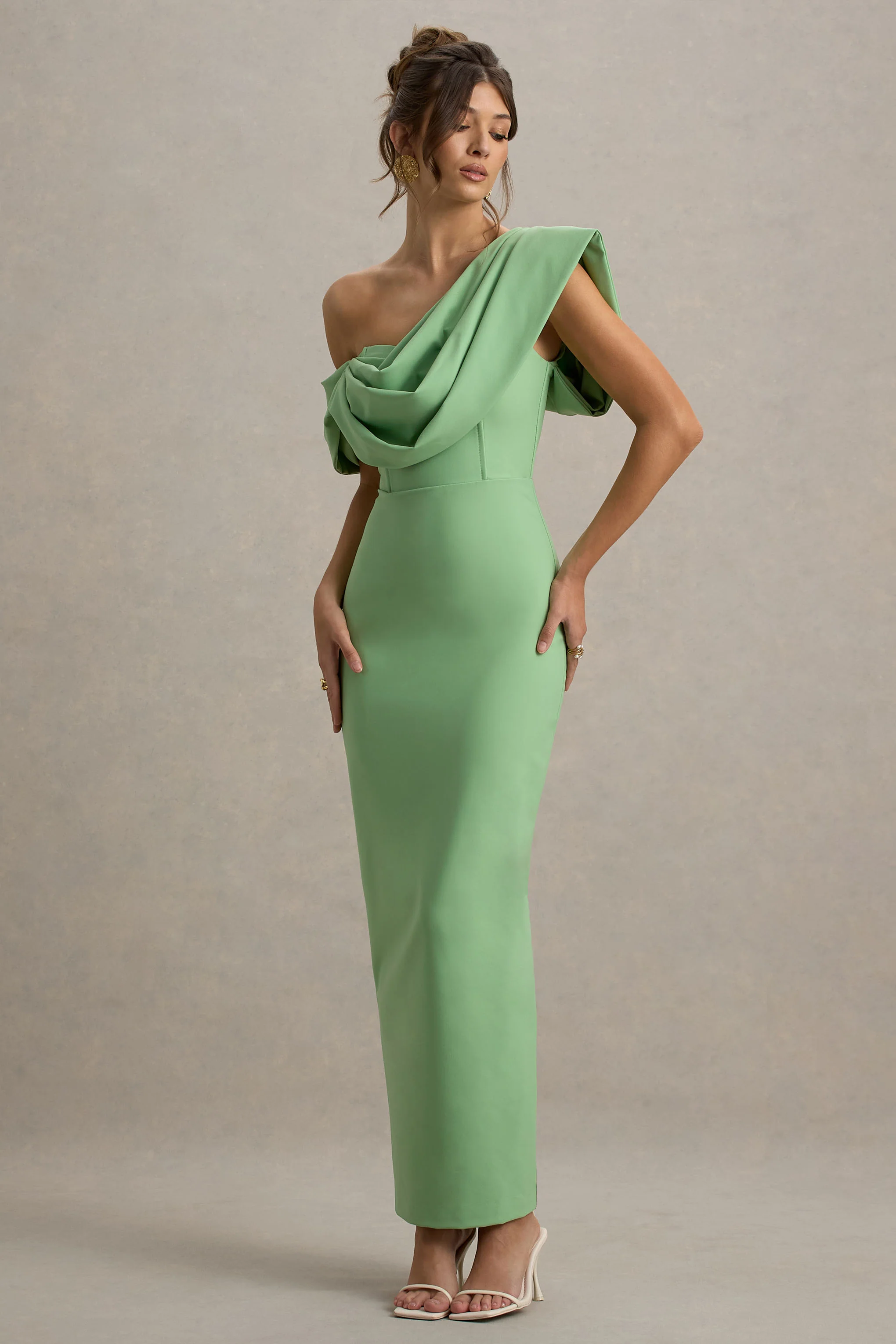 Angelina | Green Draped Shoulder Maxi Dress