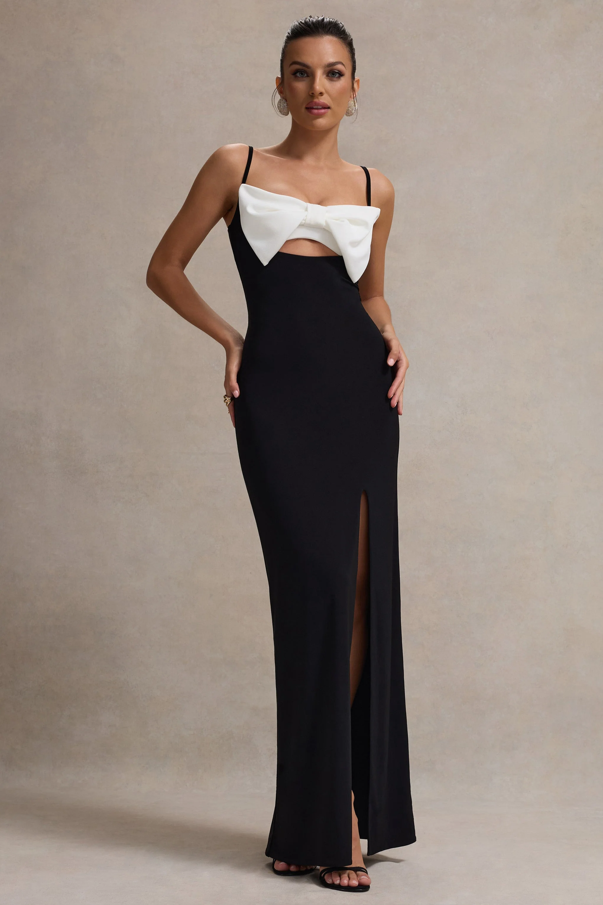 Emmalou | Black & White Strappy Split Maxi Dress With Bow