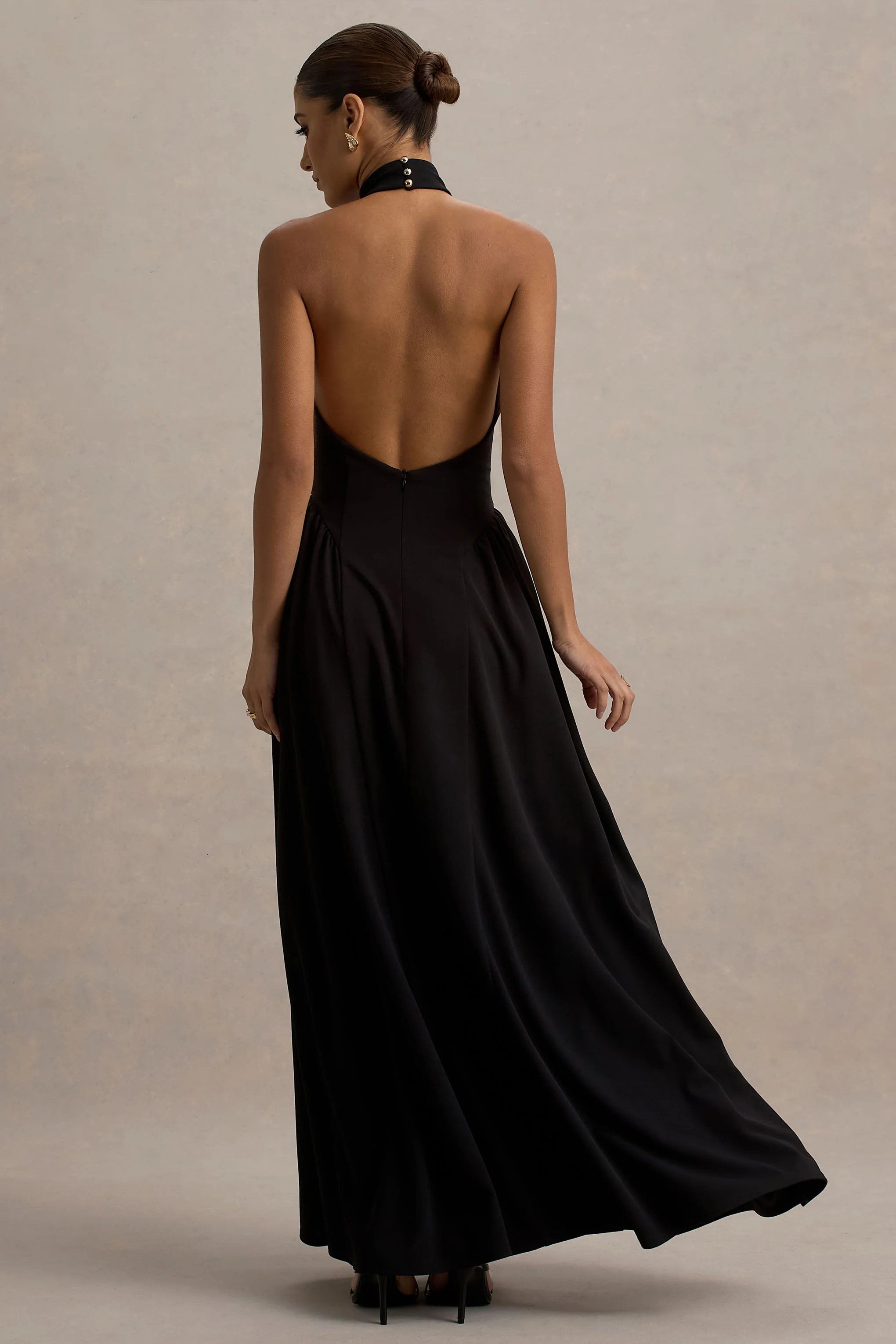 Cynthia | Black High-Neck Maxi Dress With Volume Skirt