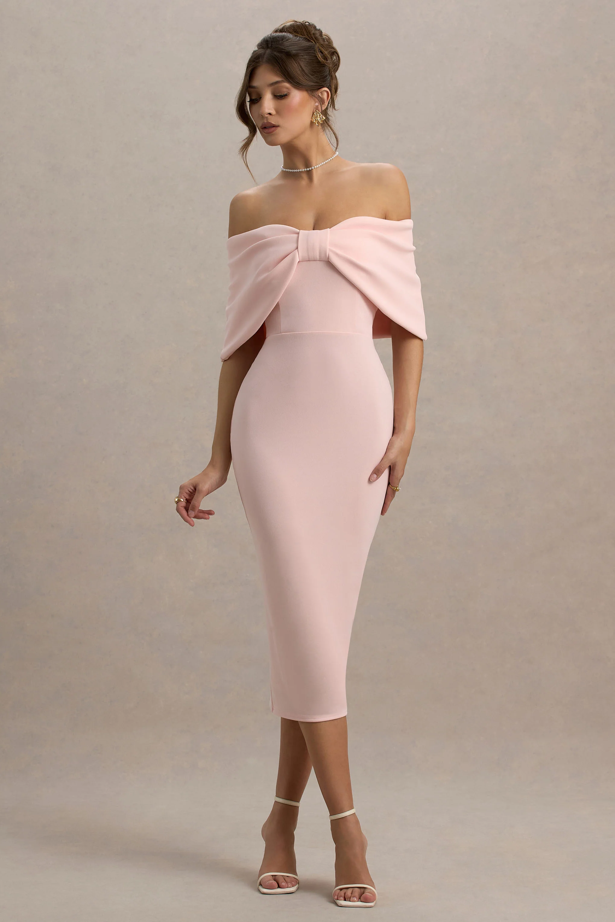 Bayshore | Pink Bow Bardot Midi Dress