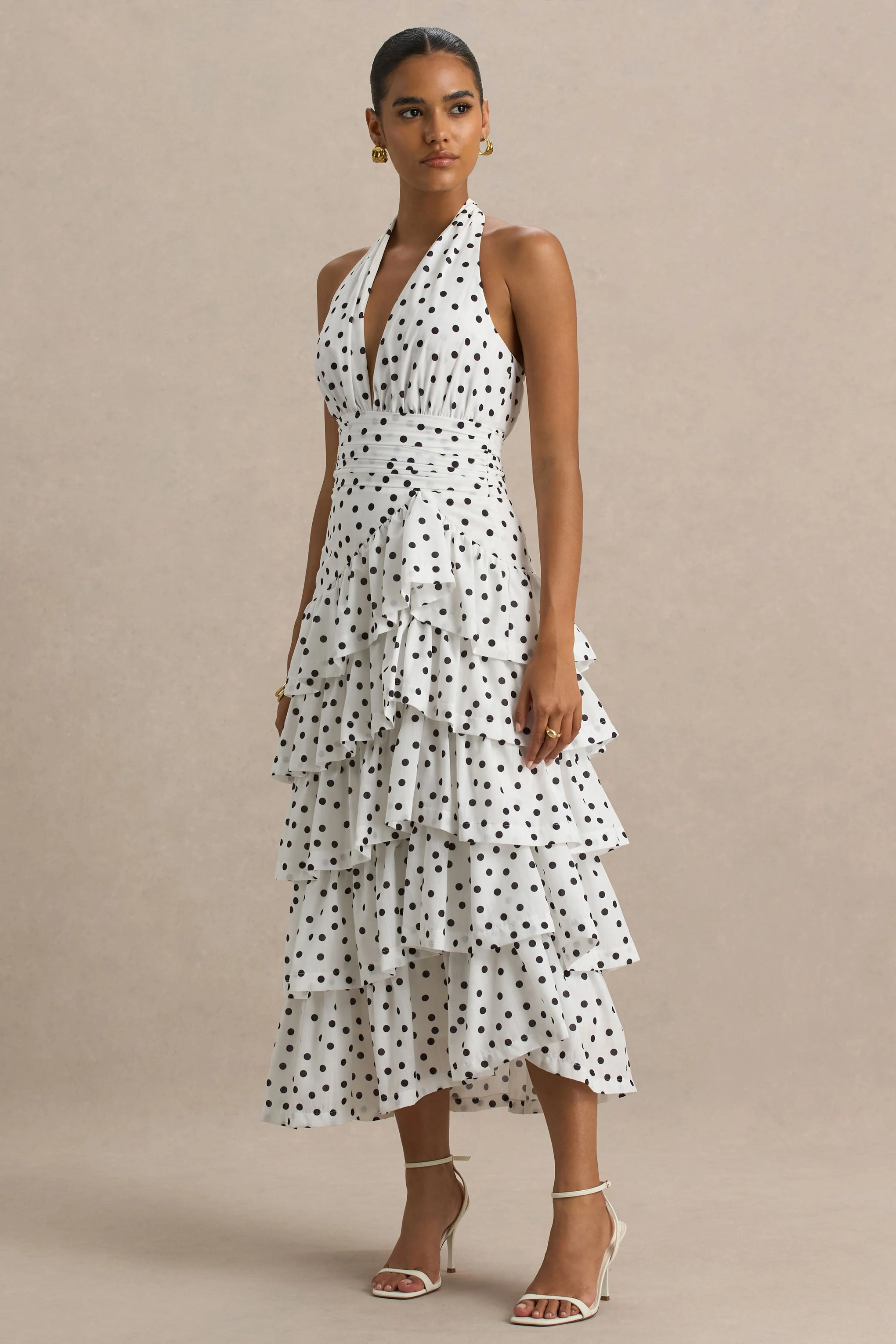Violet | White Polka Dot Linen Midi Dress With Halter-Neck and Ruffled Skirt
