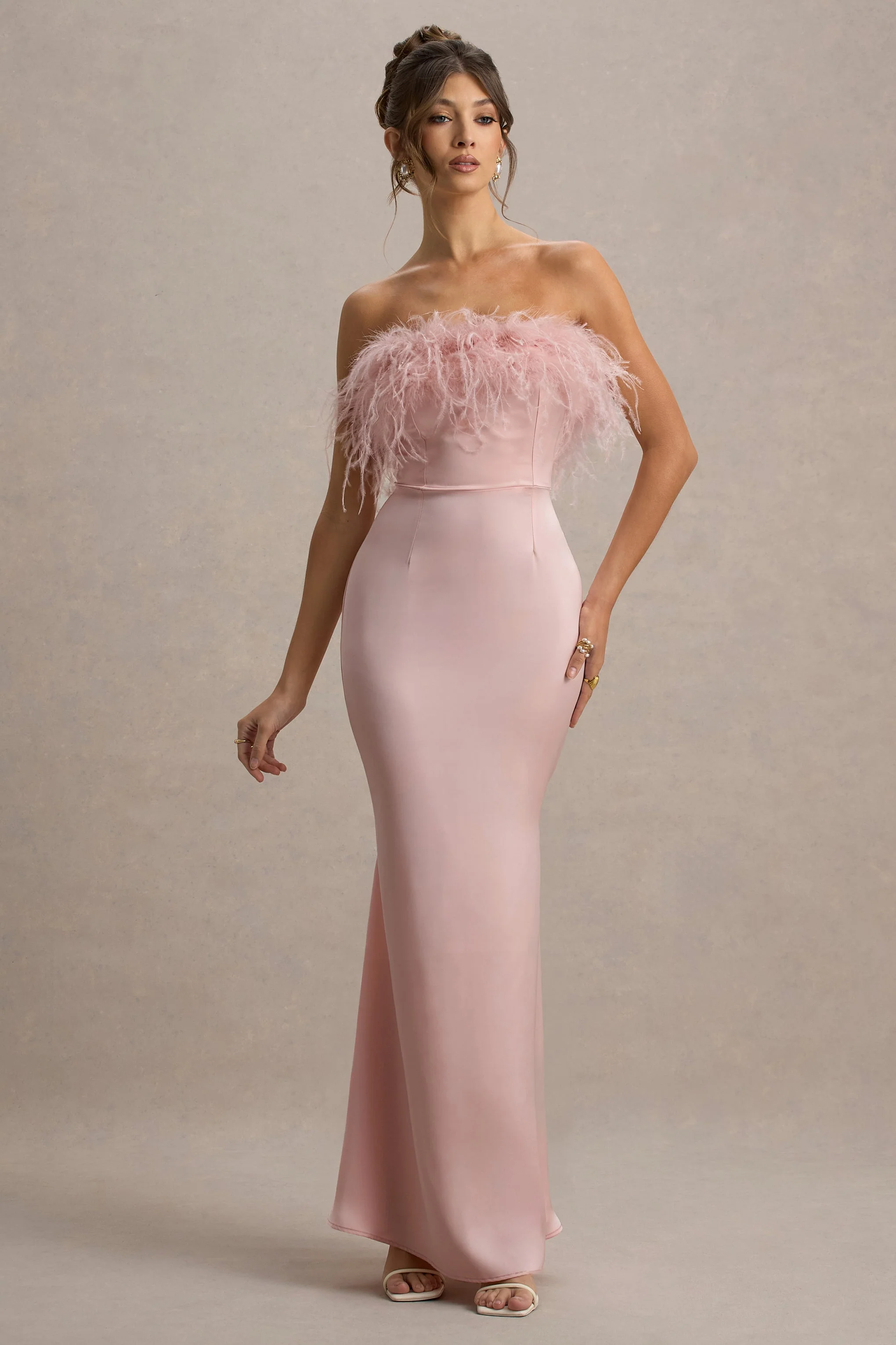 Dress For It | Pale Pink Satin Feather Trim Bandeau Maxi Dress