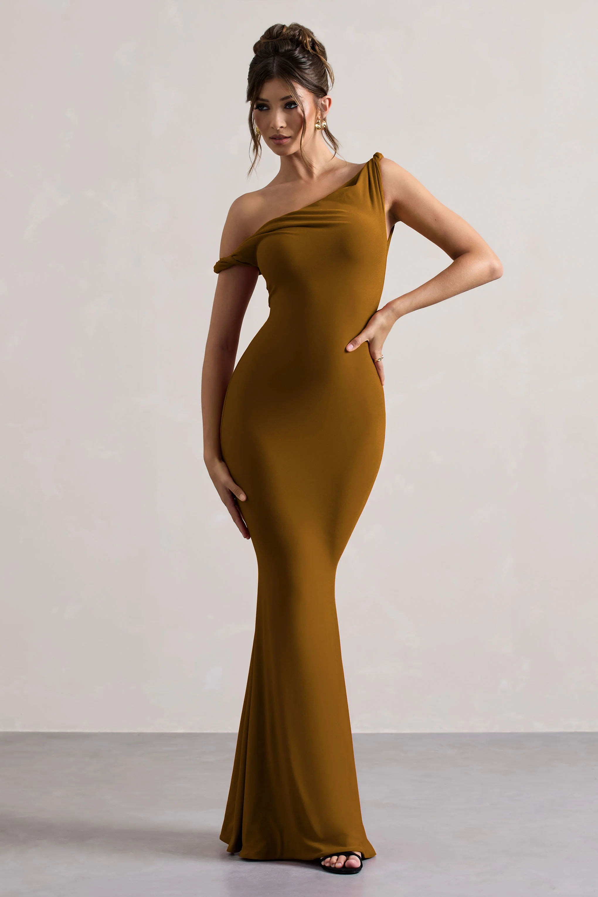 Lita | Golden Brown Twisted Asymmetric Maxi Dress