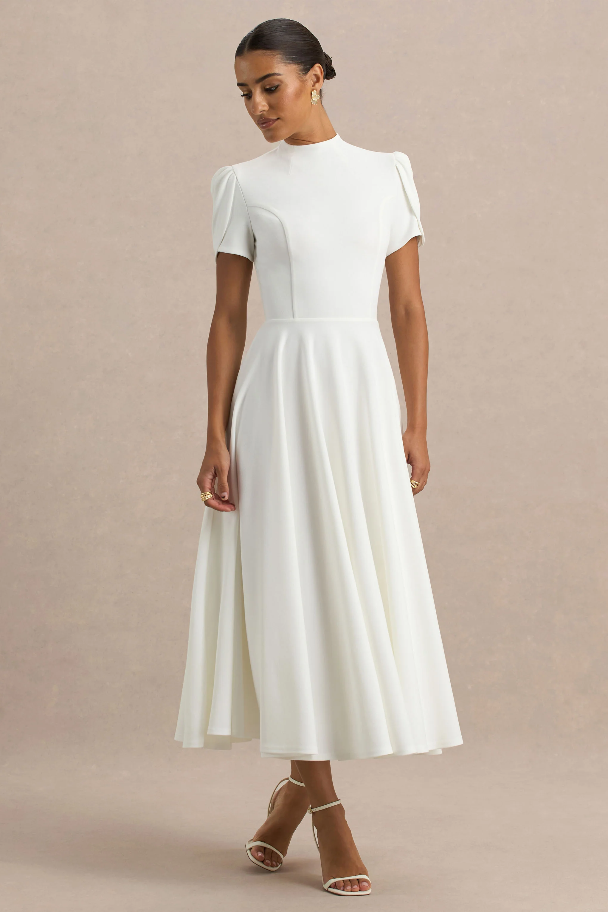 Vicky | White High Neck Midi Dress With Puff Sleeves