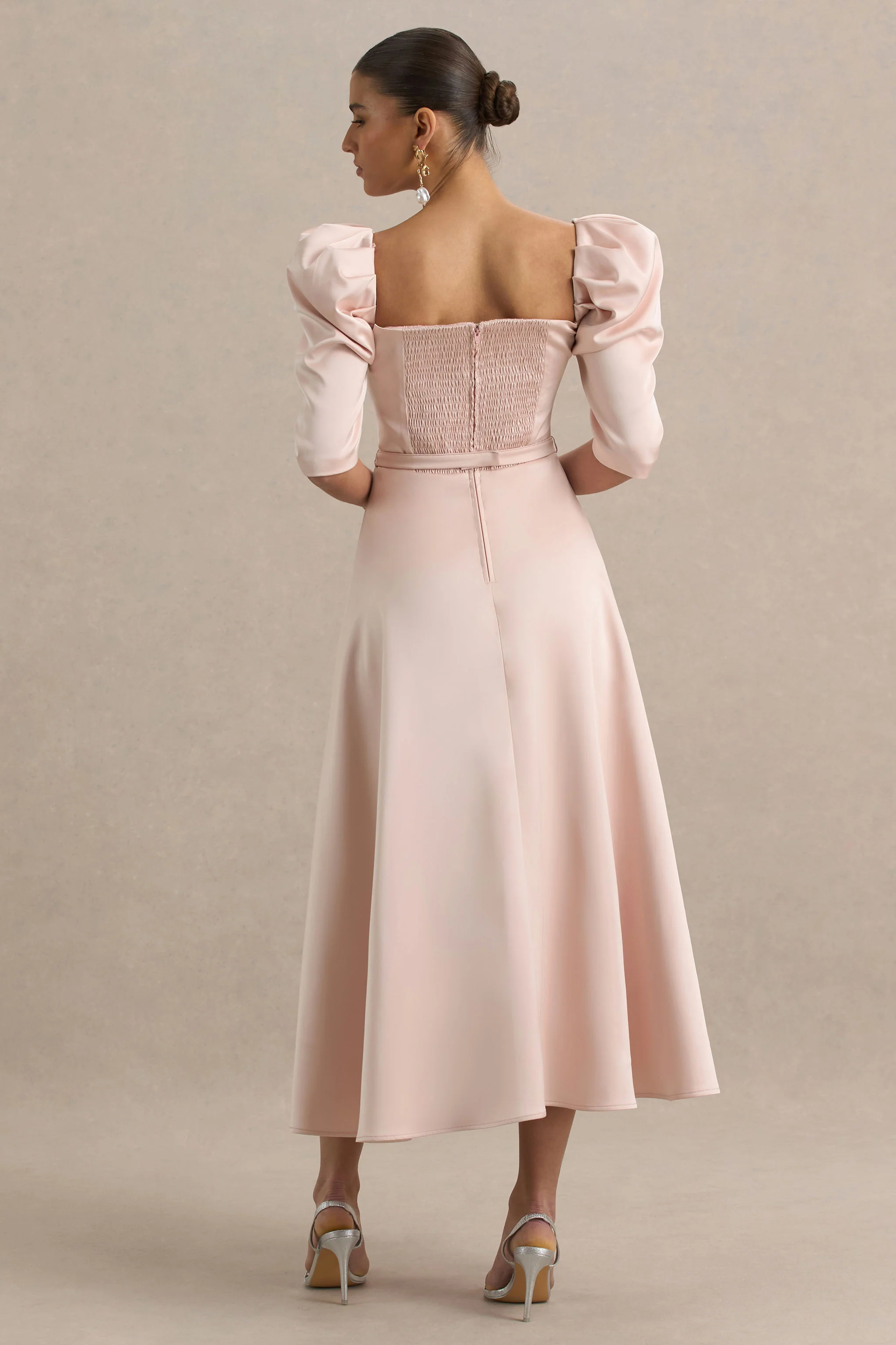 Rosey | Pale Pink Satin Sweetheart Midi Dress