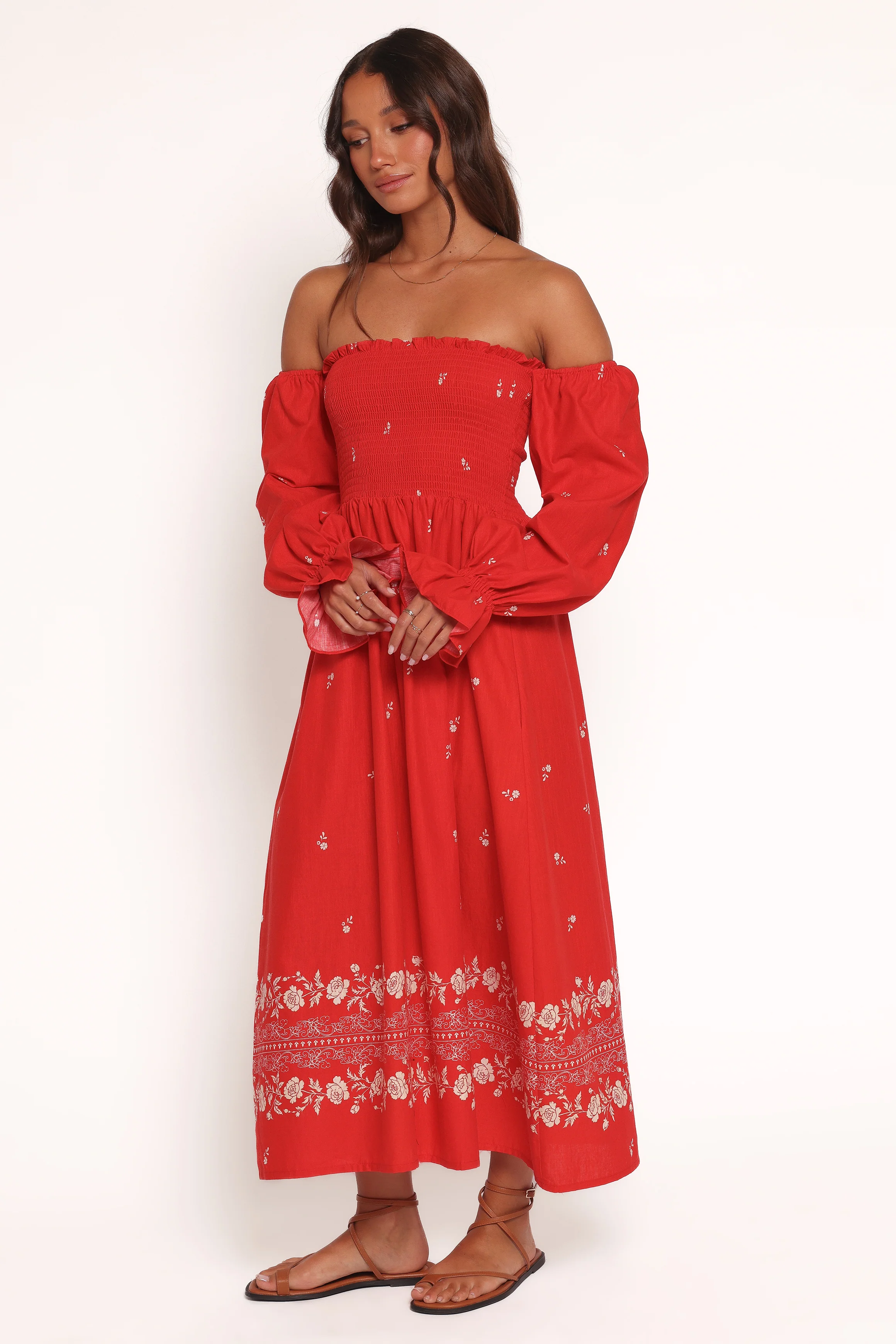 Domenica Shirred Long Sleeve Midi Dress - Red Floral Bandana