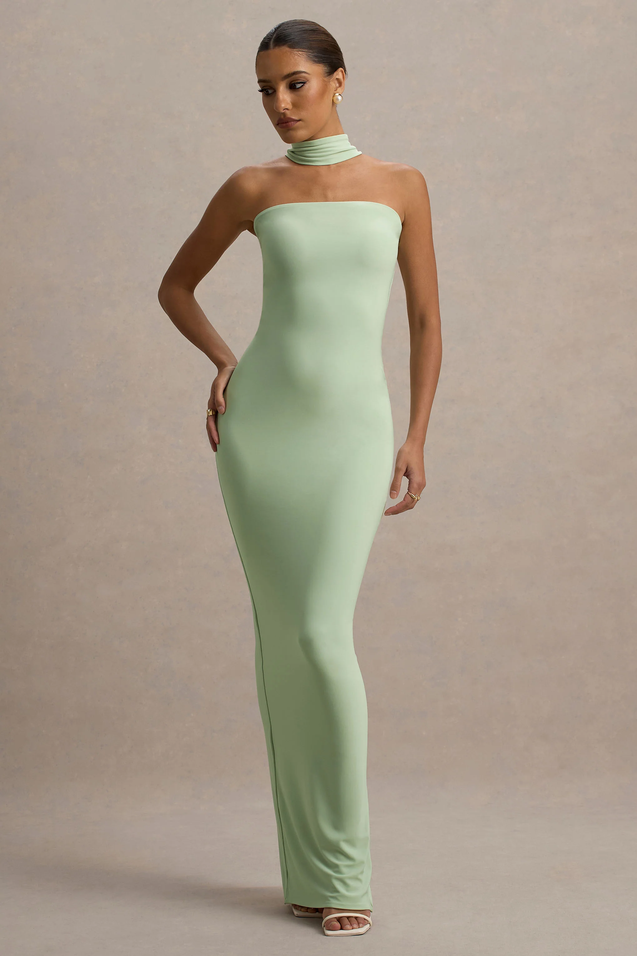 Nobu | Light Green Bandeau Maxi Dress With Halter-Collar