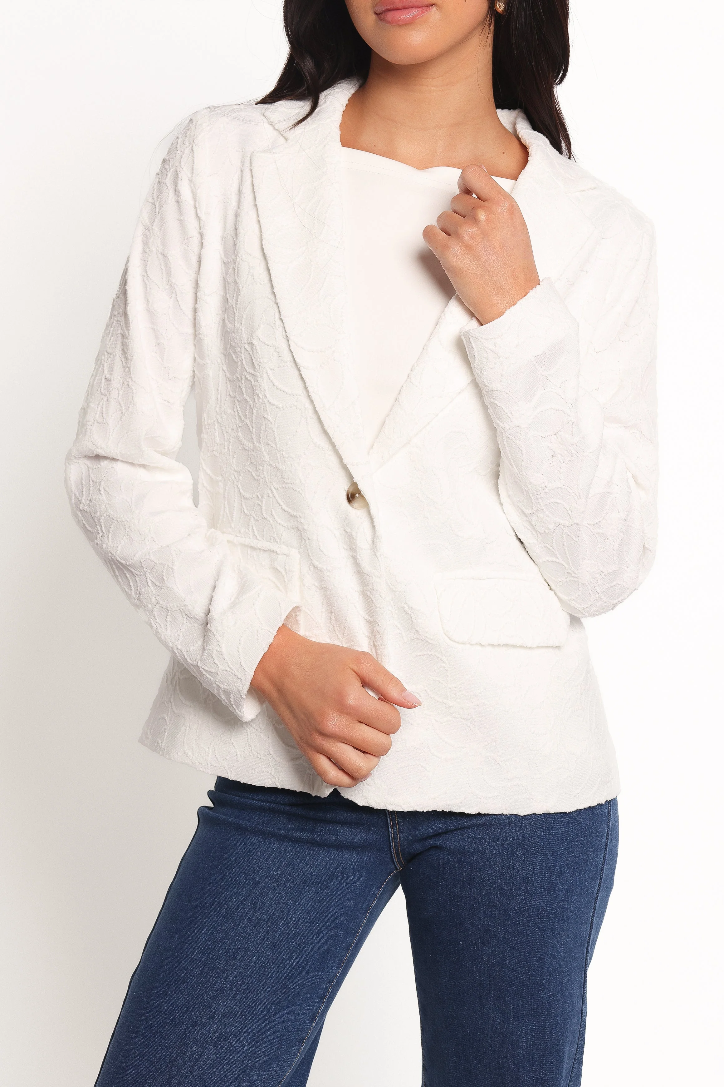 Darian Lace Knit Single Button Blazer - Off White