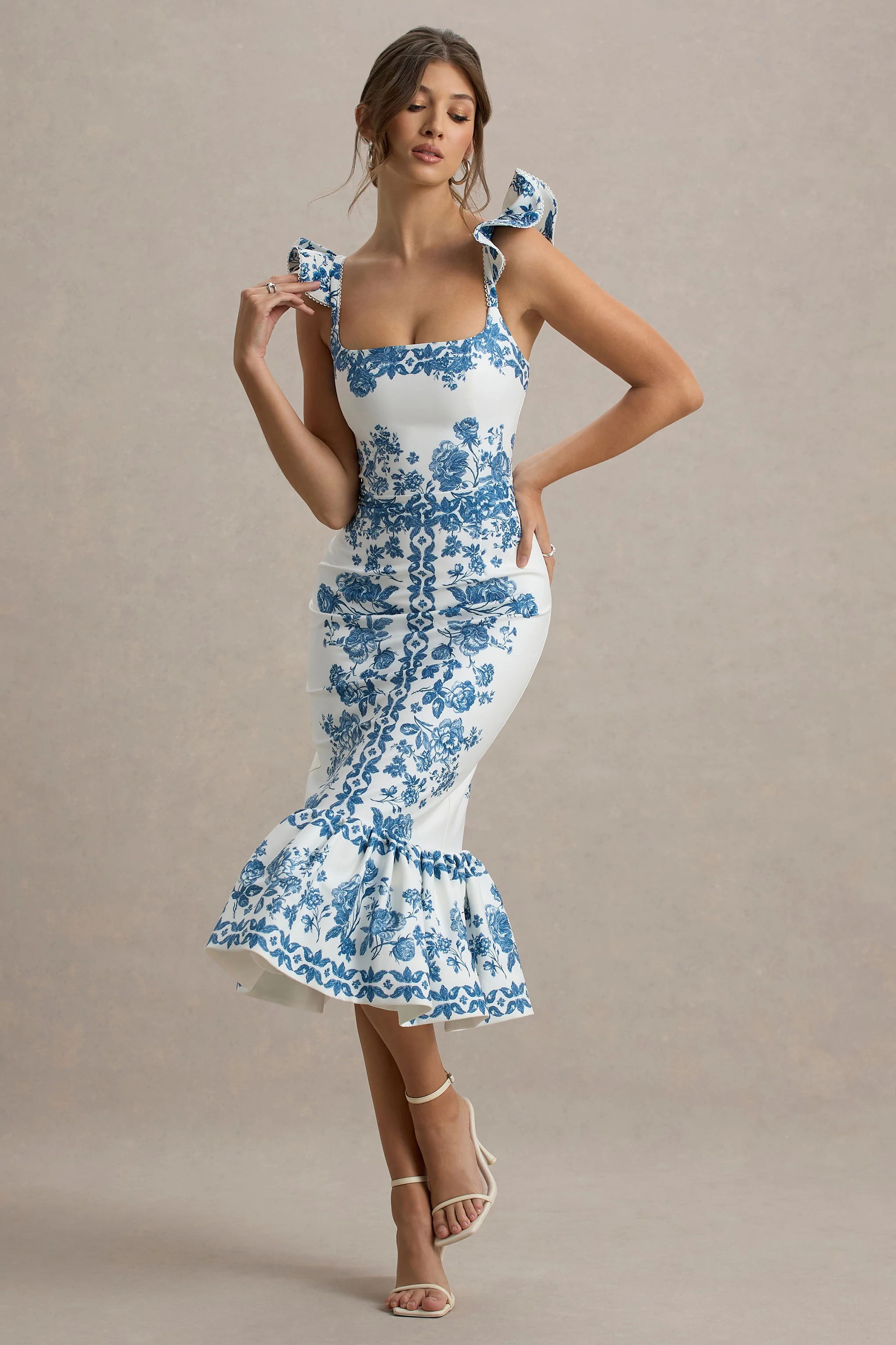 Sarey | Blue Porcelain Print Ruffle Midi Dress