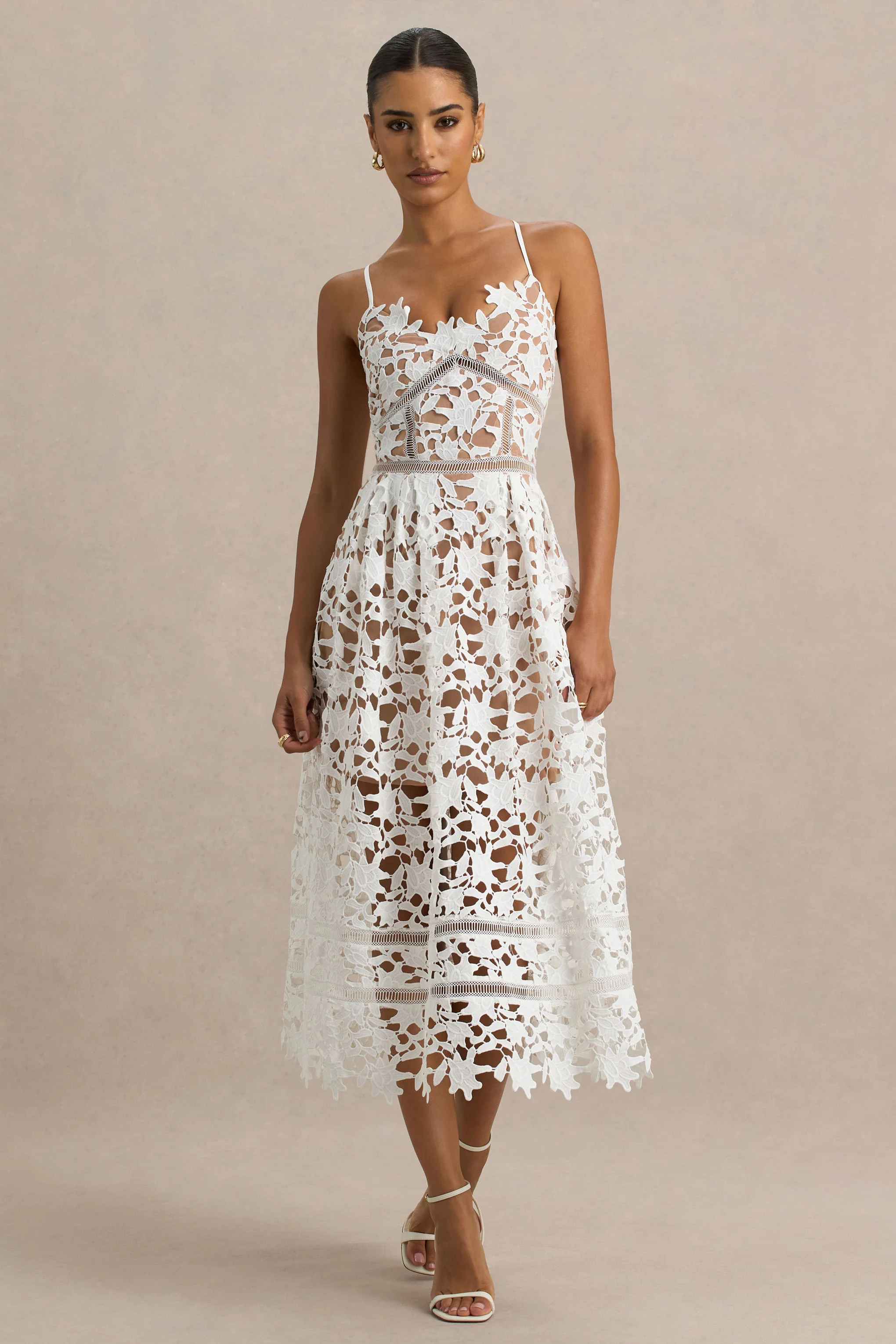 Zuri | White Lace Sweetheart Midi Dress With Cami Straps