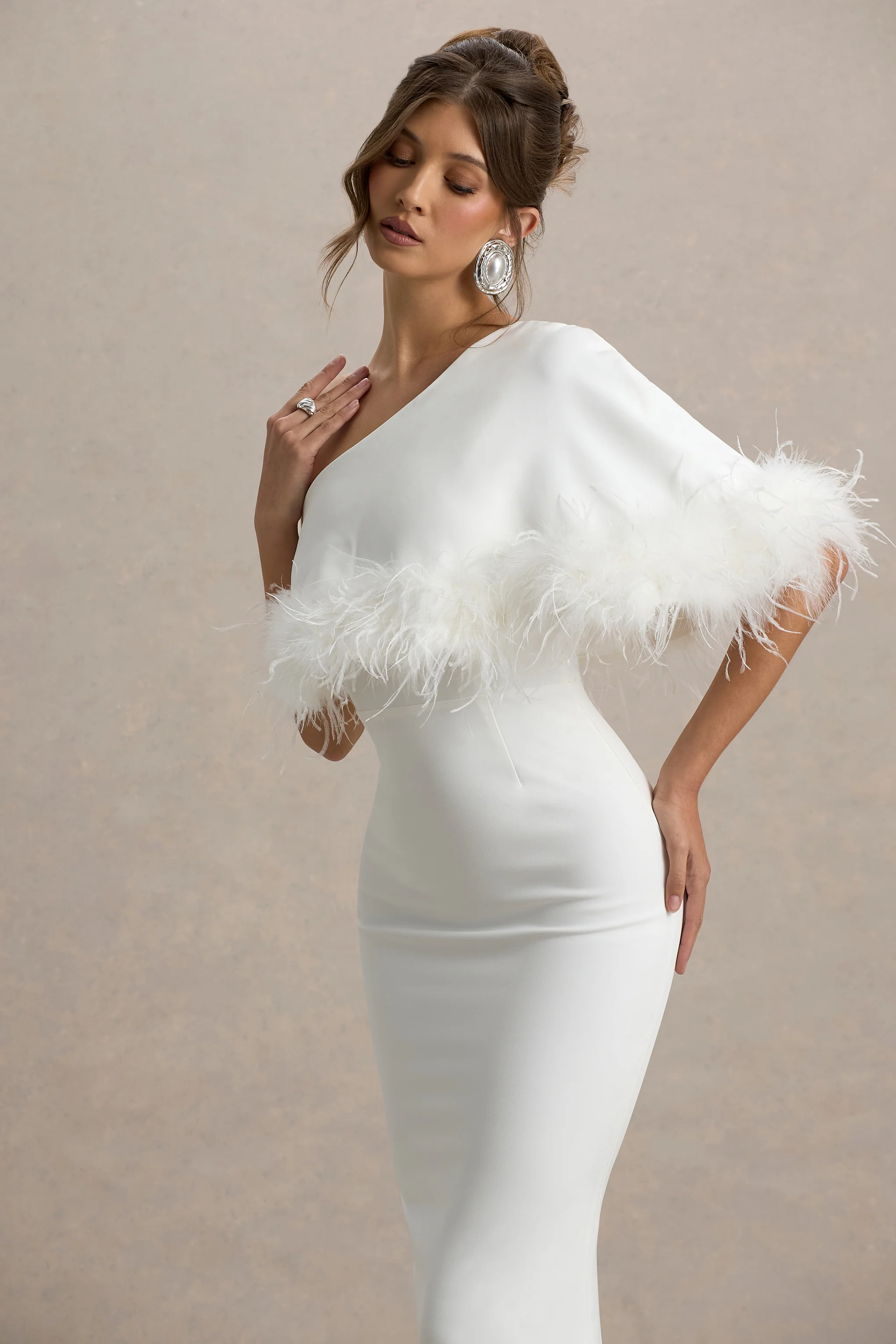 Valor | White Asymmetric Maxi Dress With Feather Trim