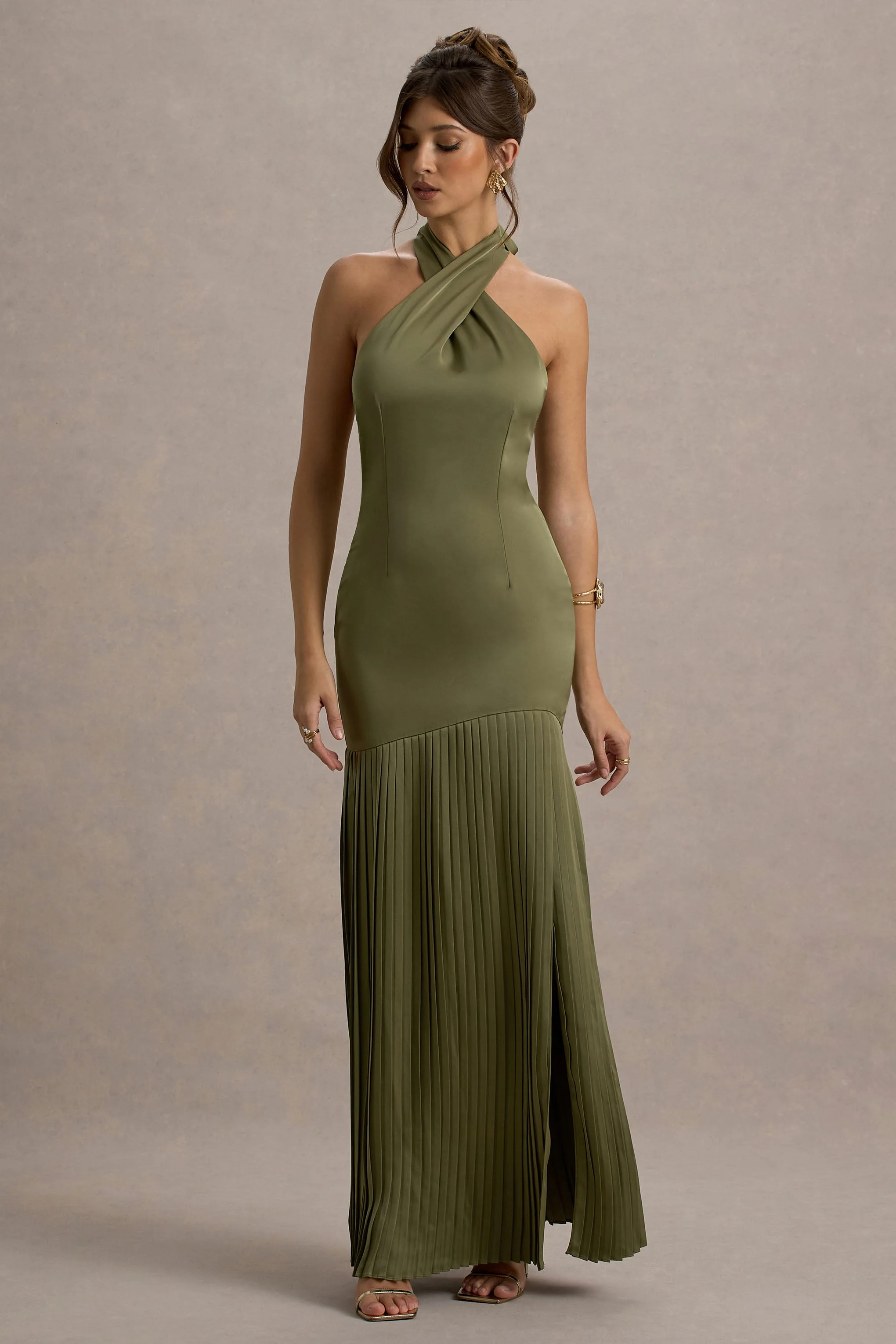 Sansa | Khaki Satin Cross Halter-Neck Plisse Maxi Dress