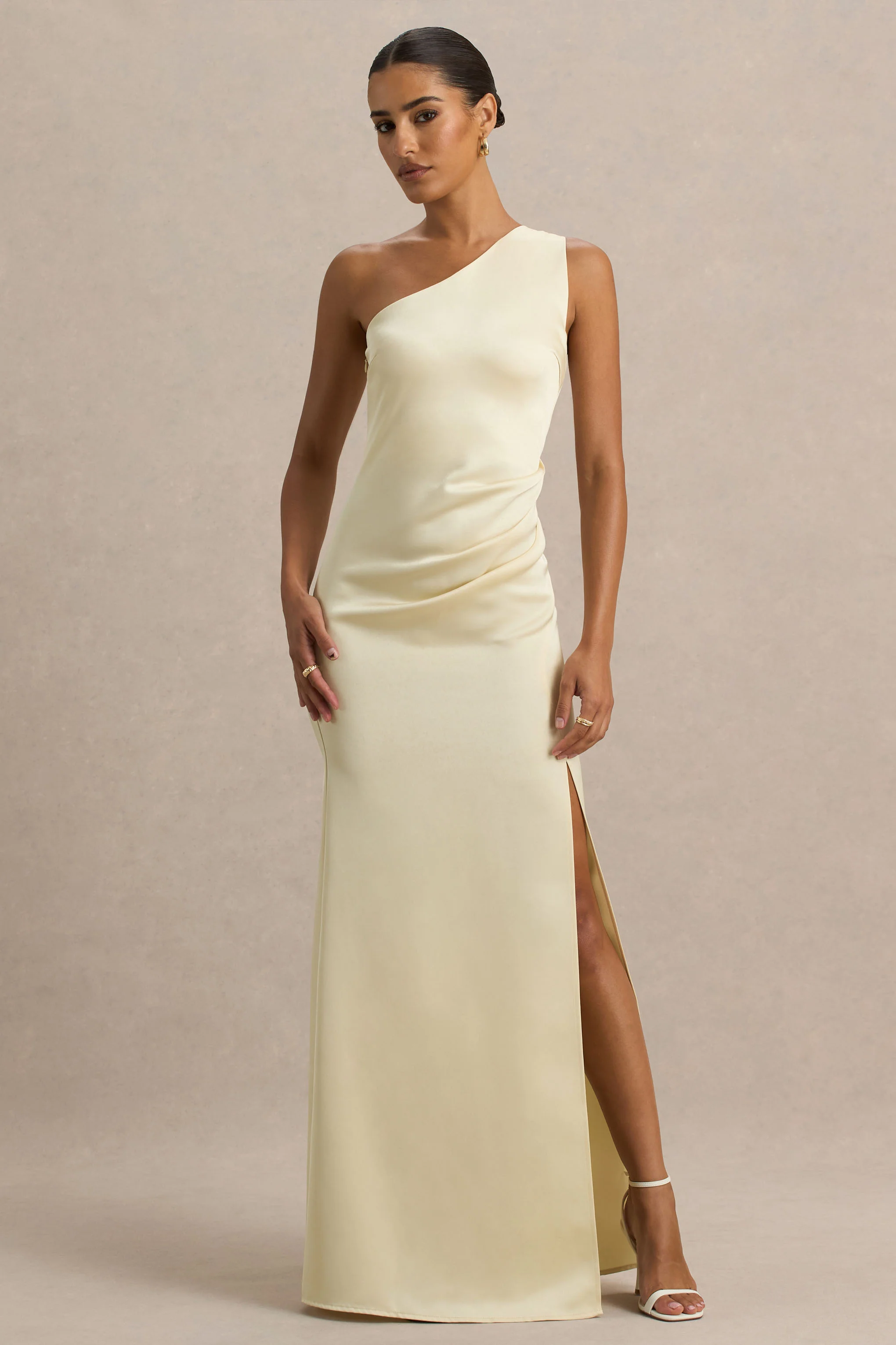 Beth | Lemon Asymmetric Neckline High-Split Maxi Dress