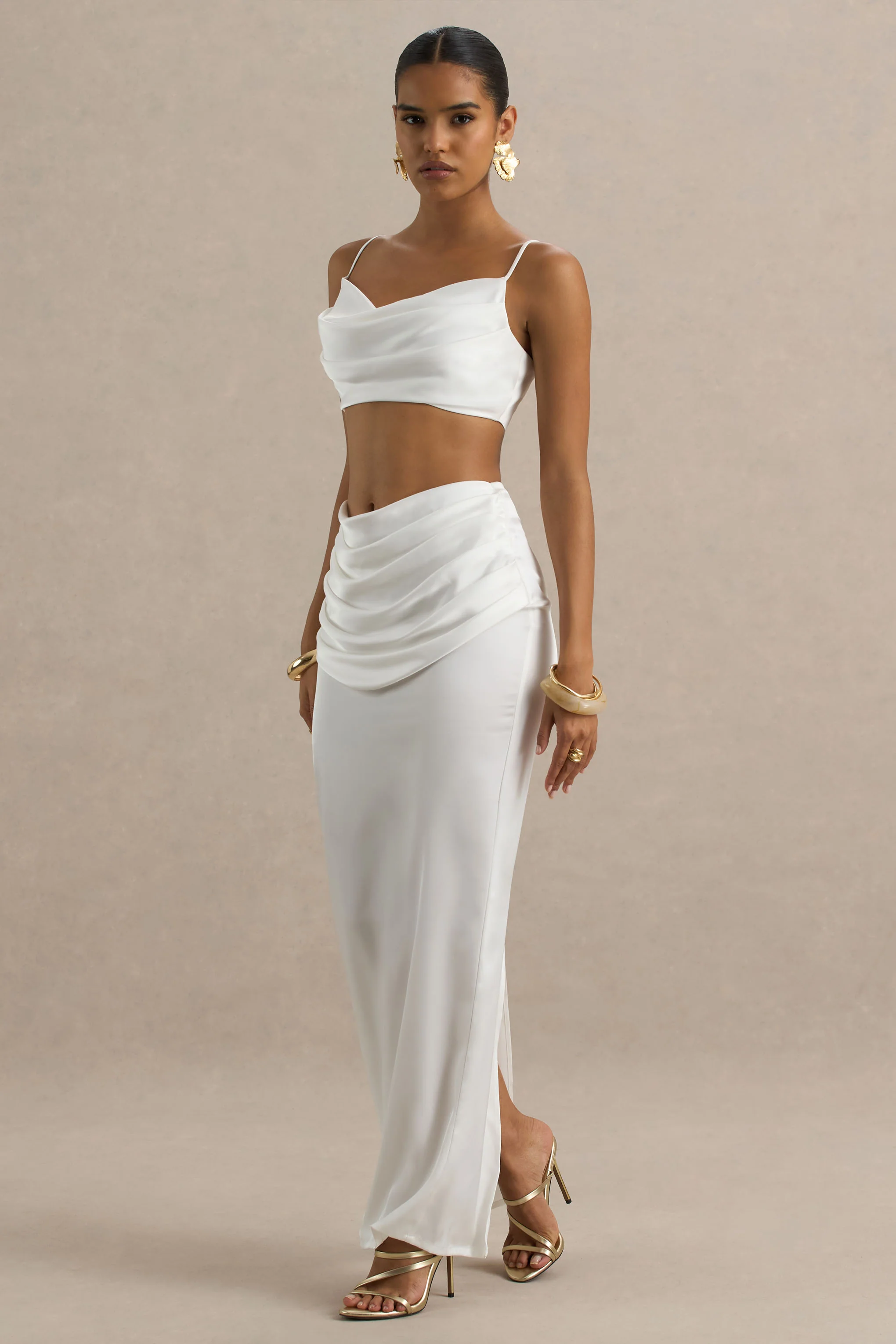 Rosita | White Ruched Maxi Skirt