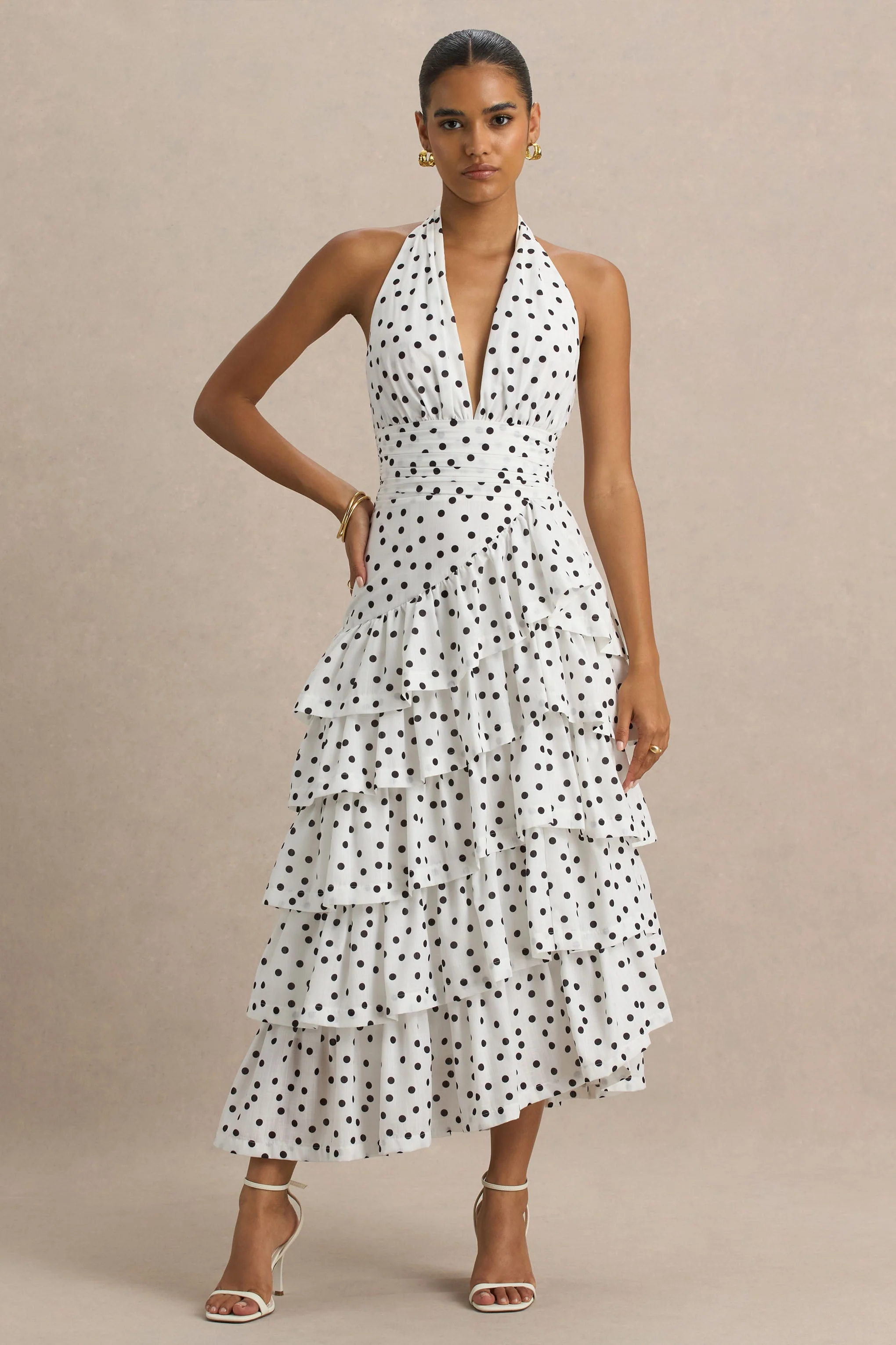 Violet | White Polka Dot Linen Midi Dress With Halter-Neck and Ruffled Skirt