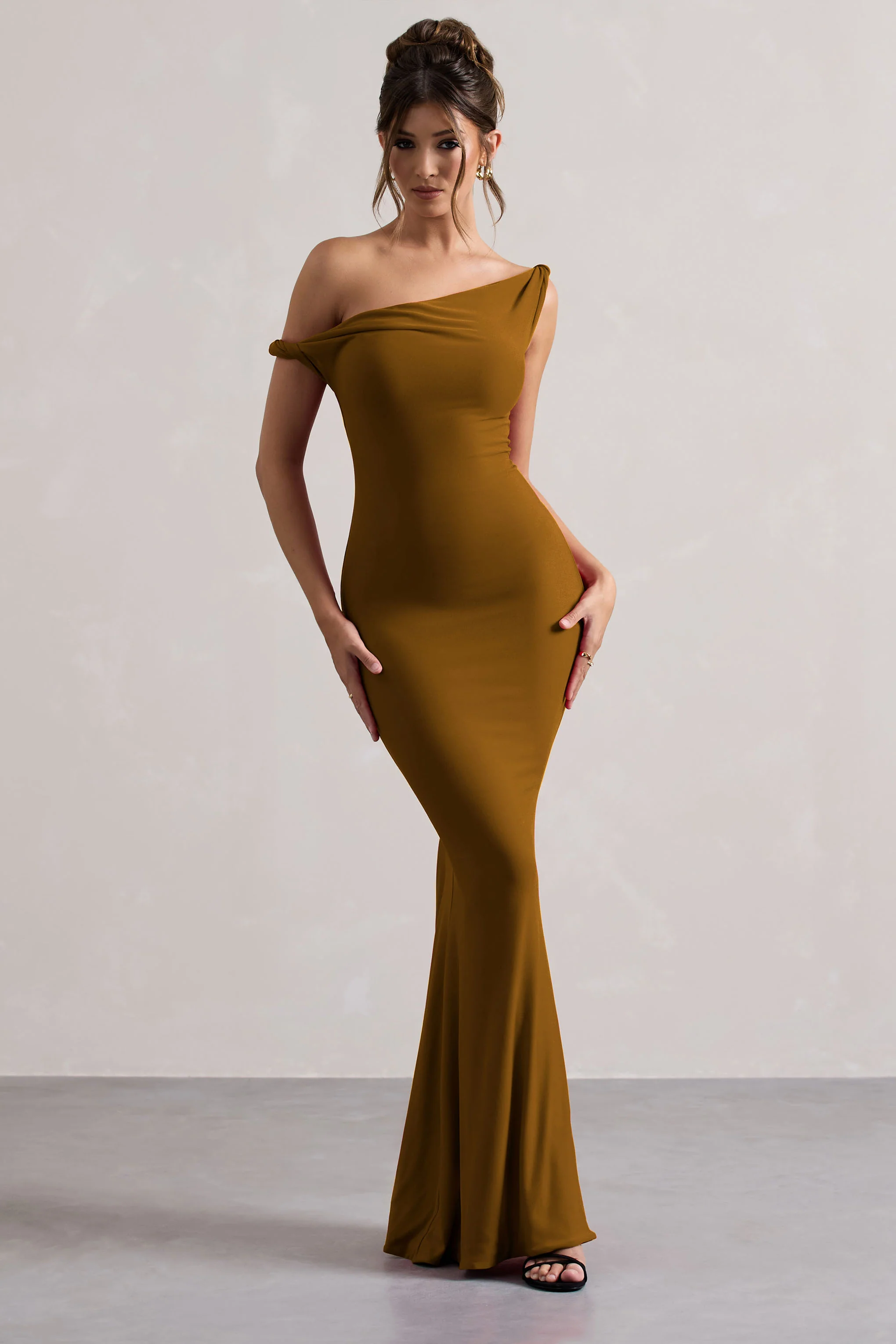 Lita | Golden Brown Twisted Asymmetric Maxi Dress