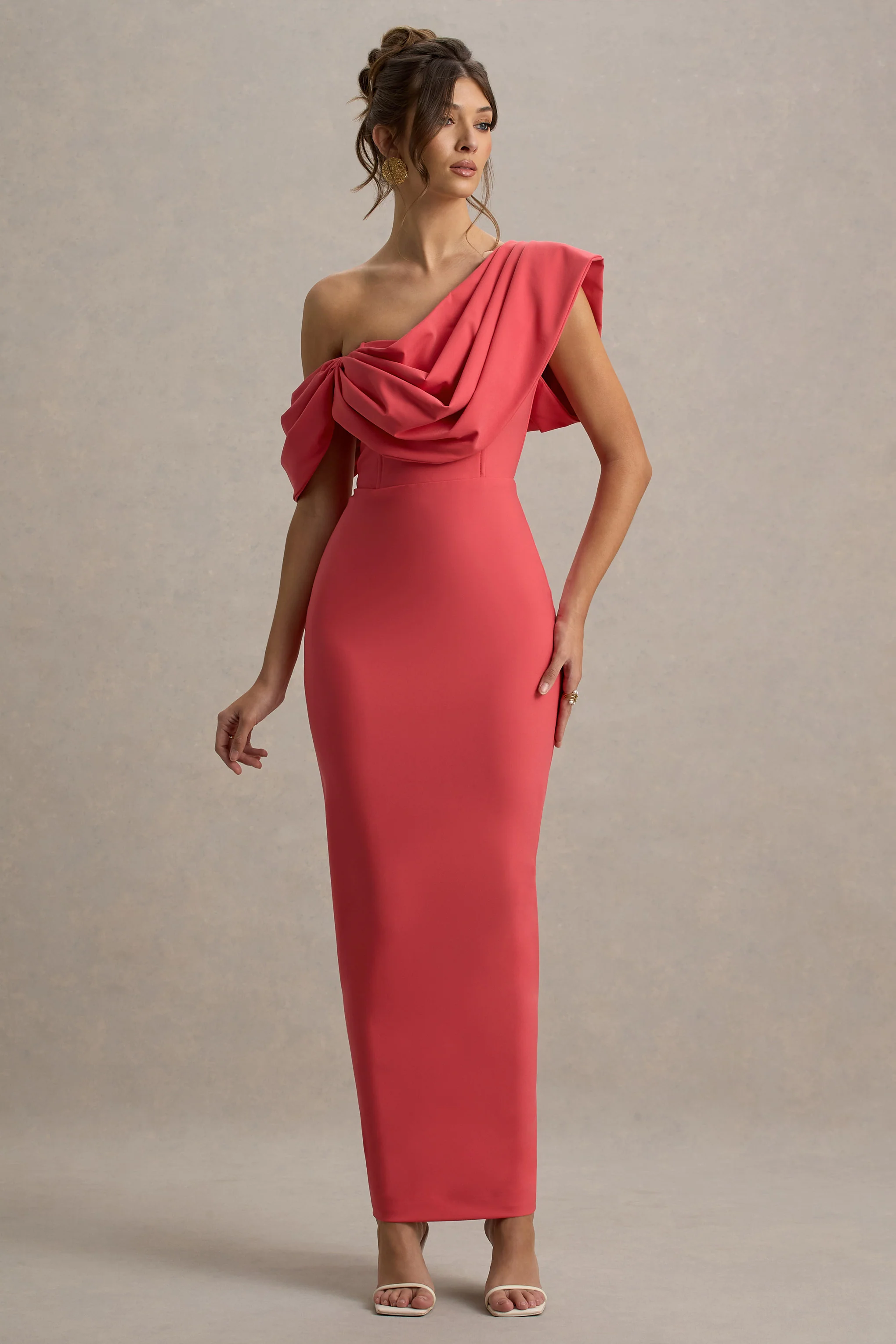 Angelina | Pink Draped Shoulder Maxi Dress