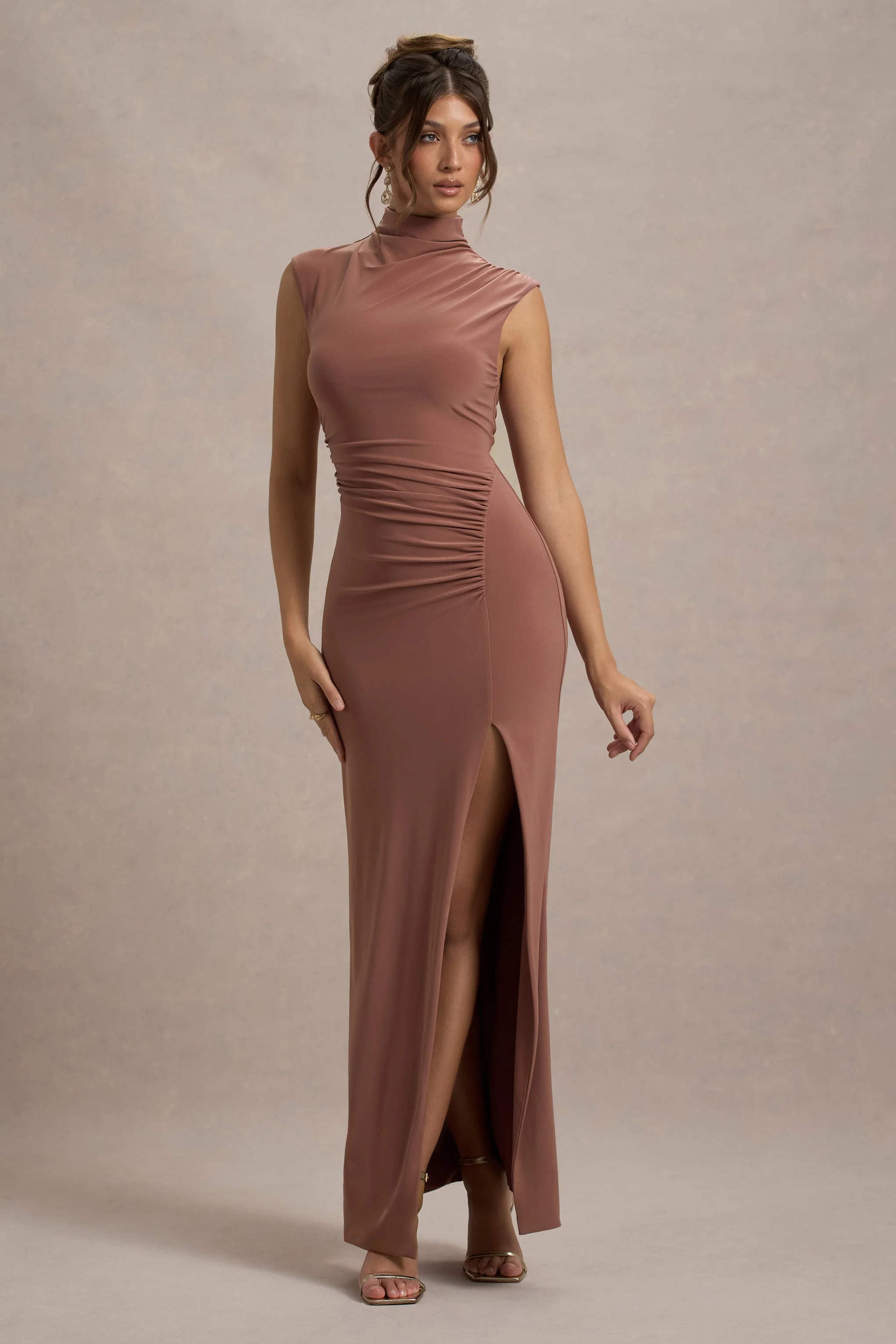 Lanetta | Chestnut Brown Ruched High-Neck Maxi Dress With Split
