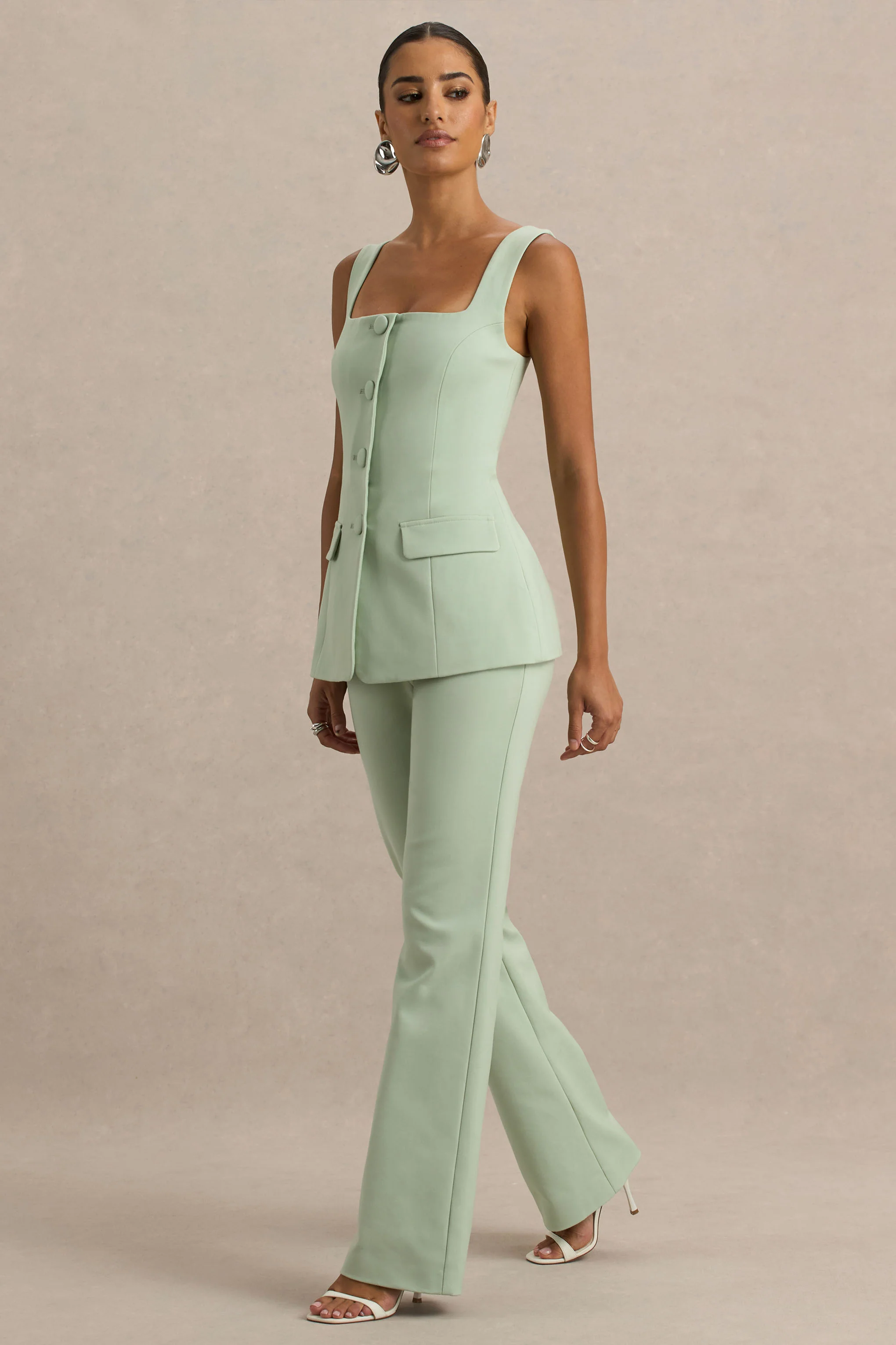 Aceline | Light Green Square-Neck Tailored Jumpsuit