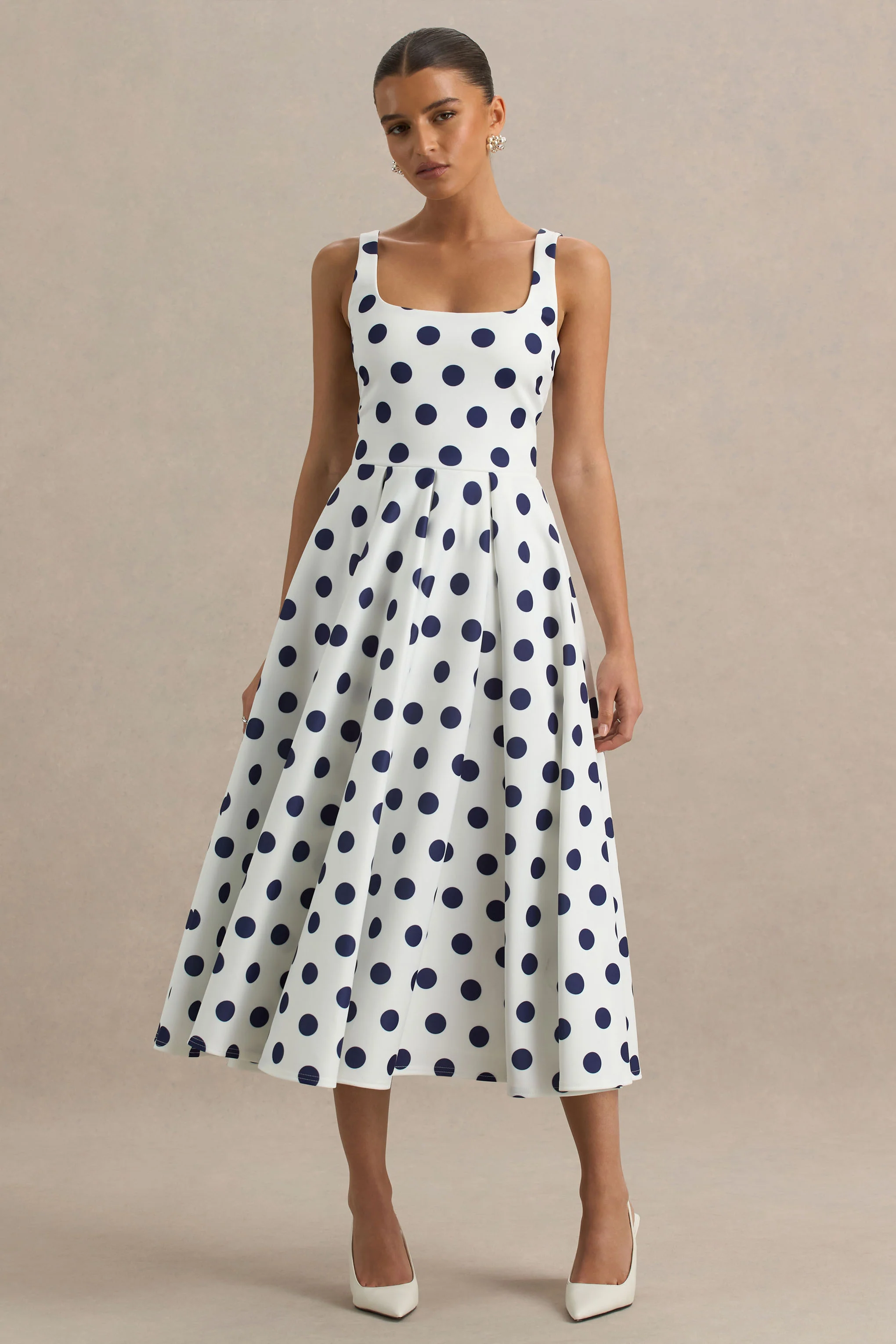 Berta | White And Navy Polka-Dot Square-Neck Midi Dress