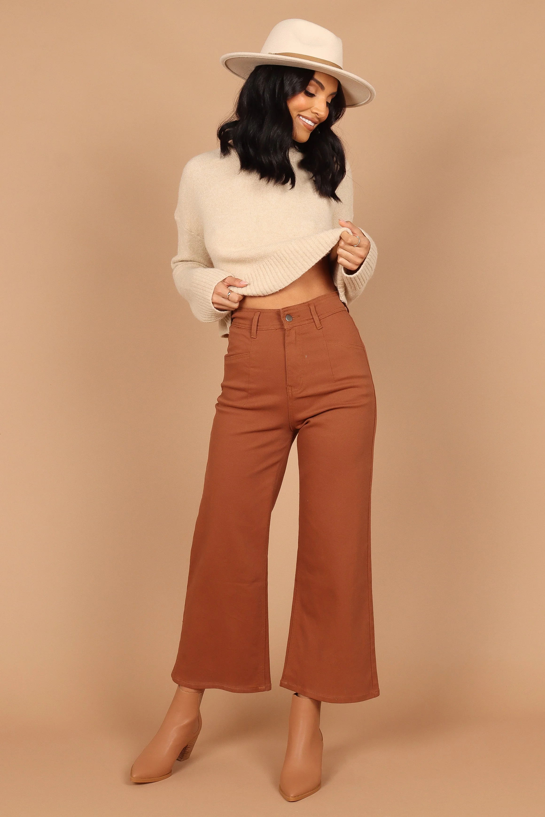 Georgette High Waisted Straight Leg Pants - Brown