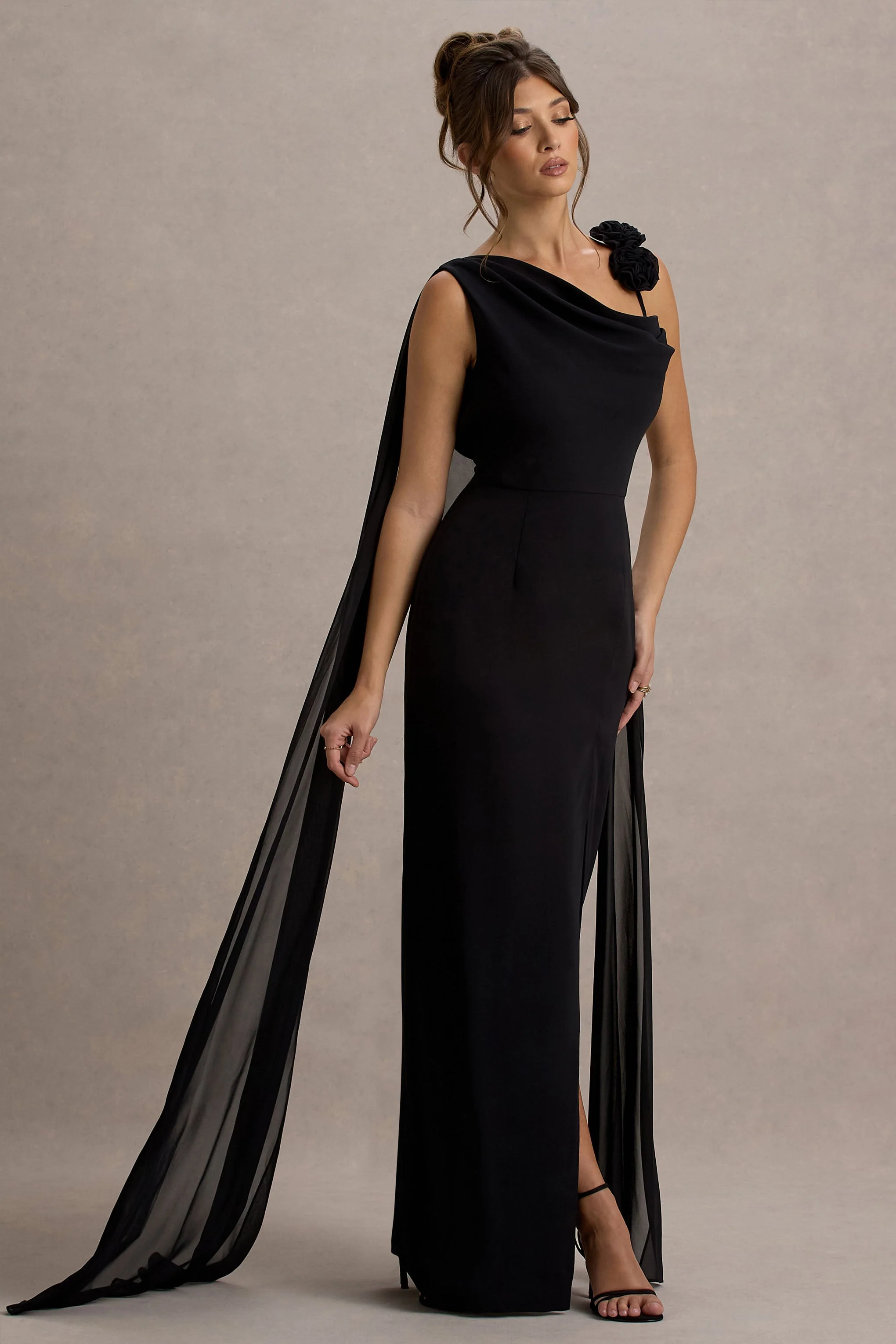 Angeline | Black Chiffon Draped Split Maxi Dress With Corsages