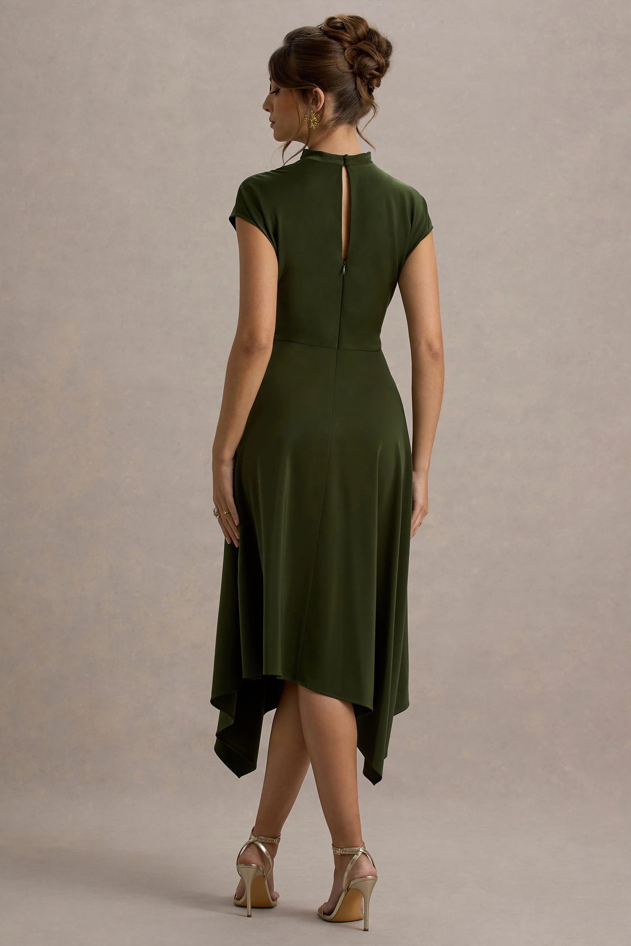 Velma | Olive Satin Midi Dress With Draped Hem