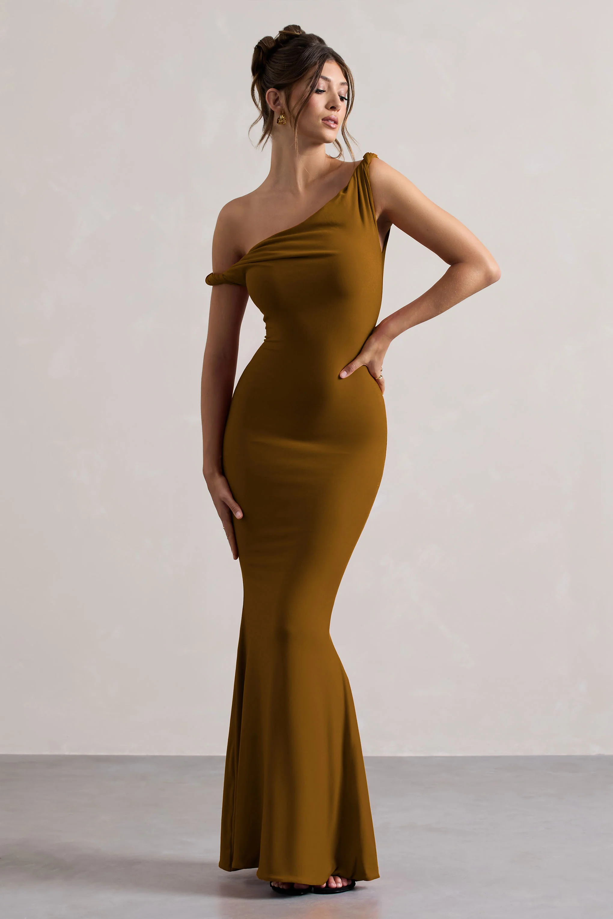Lita | Golden Brown Twisted Asymmetric Maxi Dress