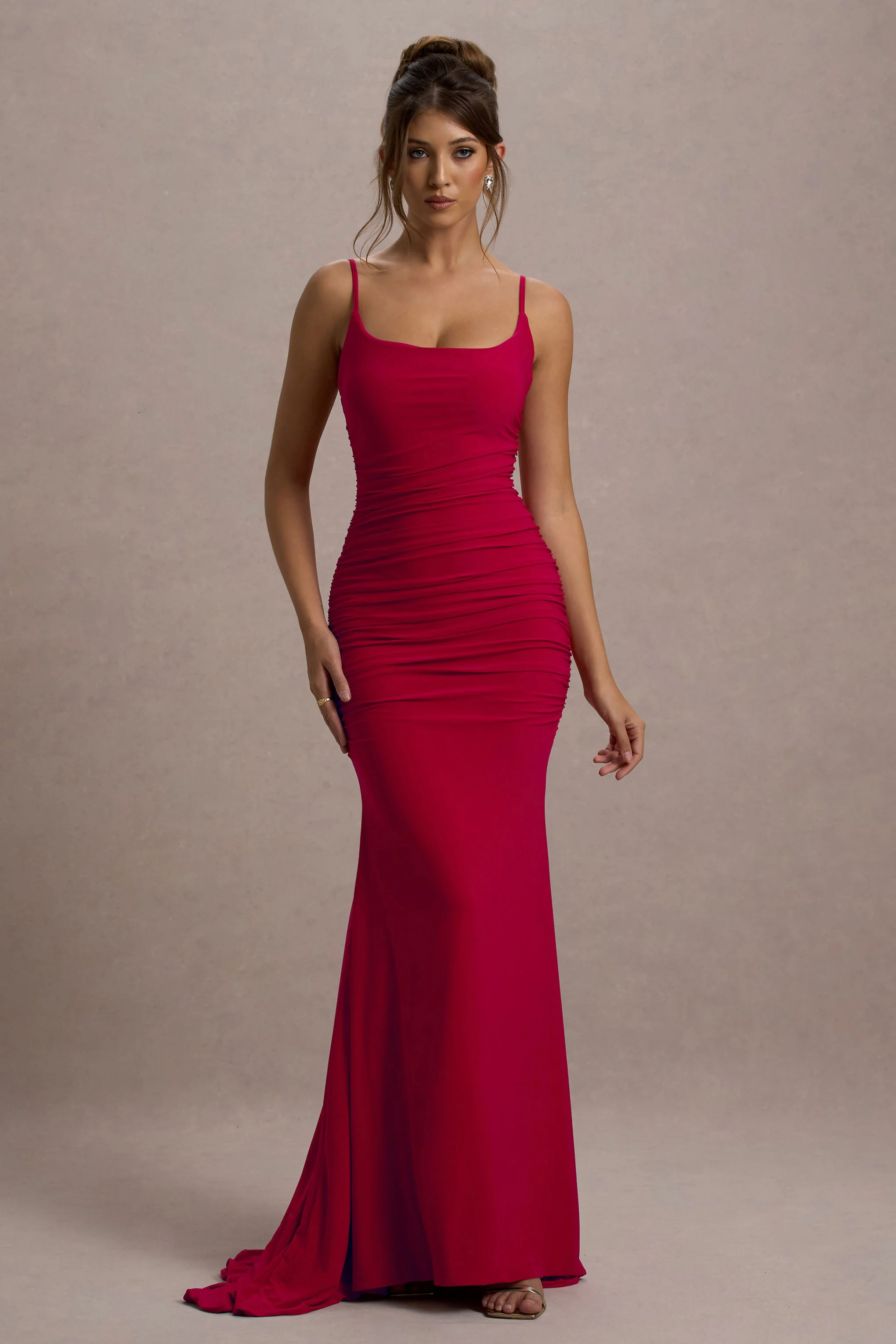 Adele | Red Ruched Fishtail Cami Maxi Dress