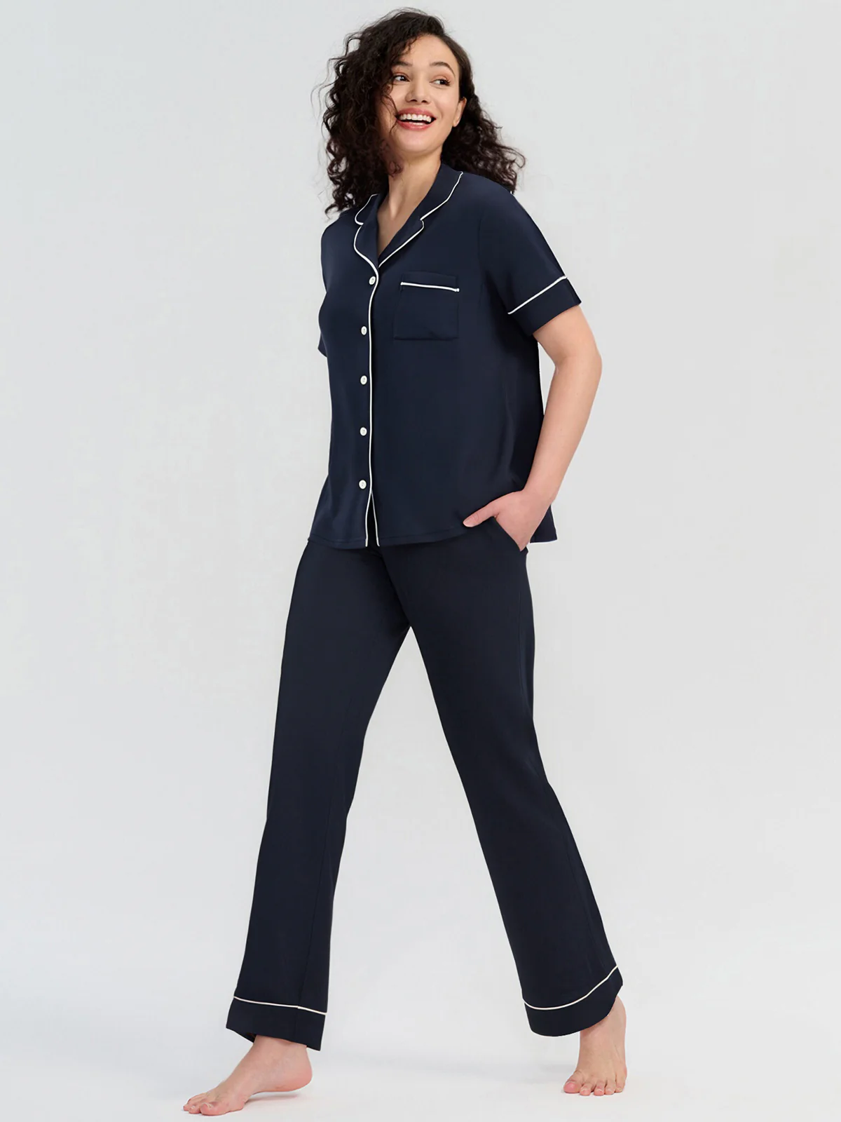 Solid Piped Short Sleeve Pajamas Set