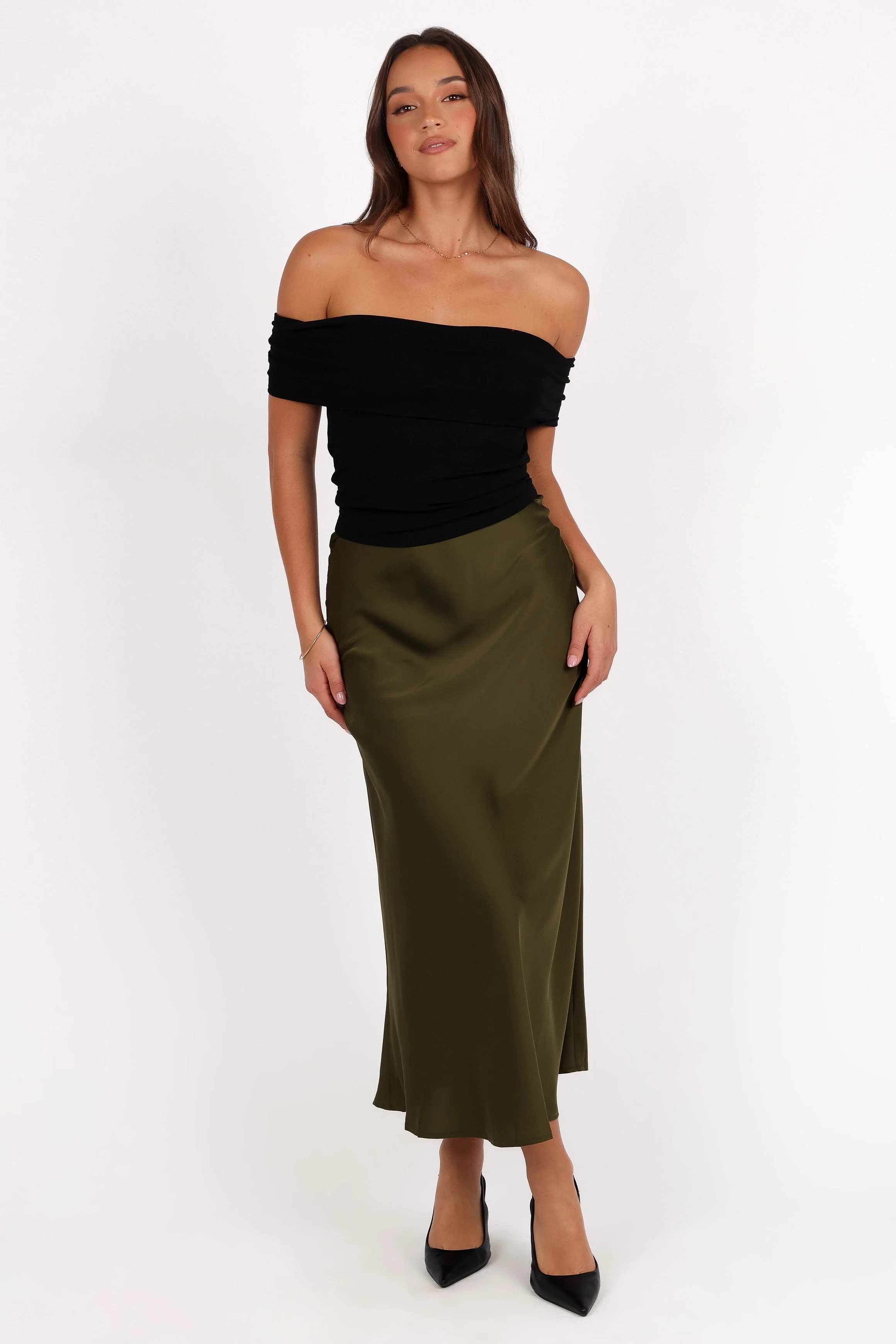 Nellie Satin Midi Skirt - Olive