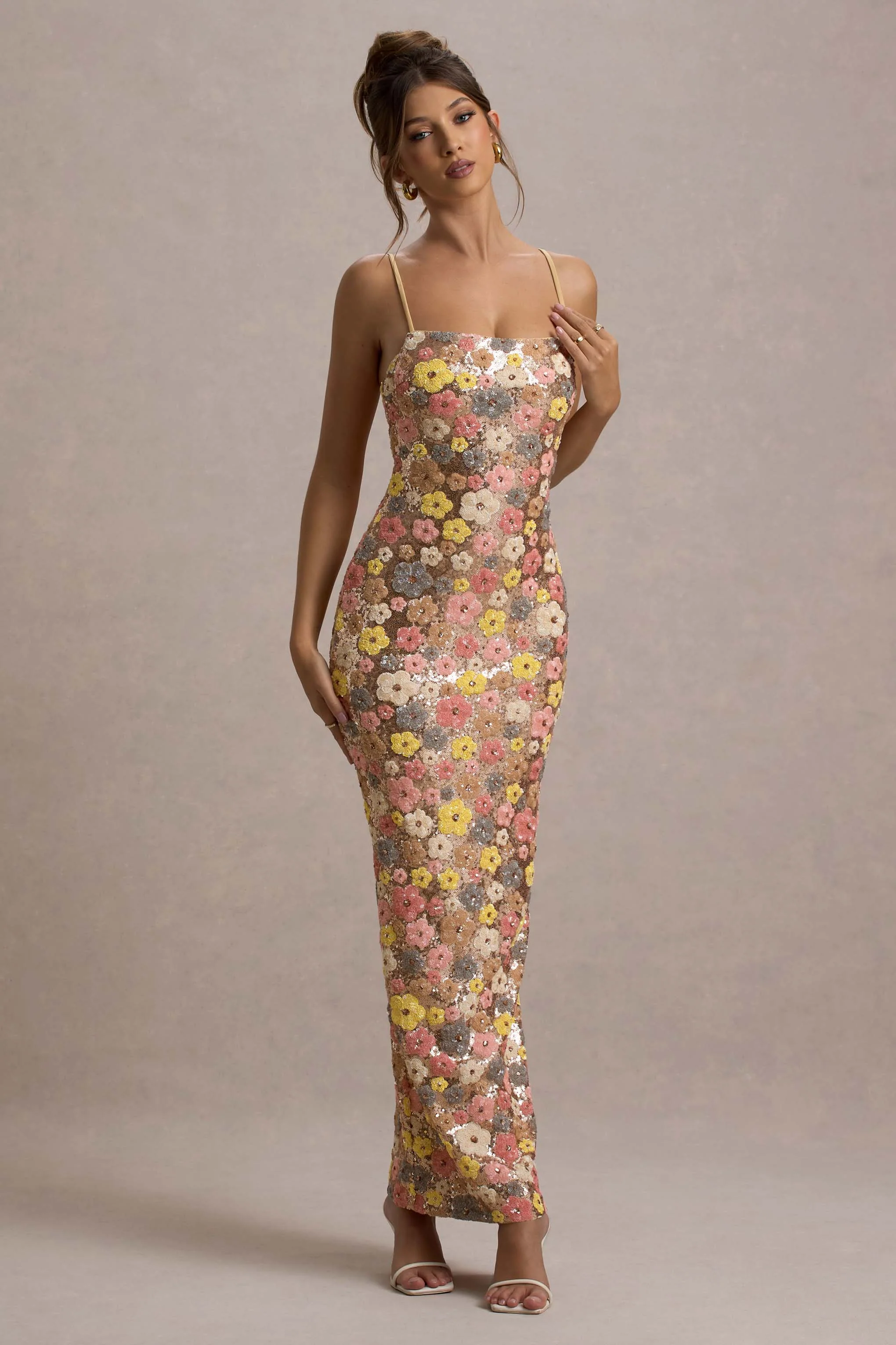 Vitora | Pastel Floral Print Sequin Square-Neck Maxi Dress