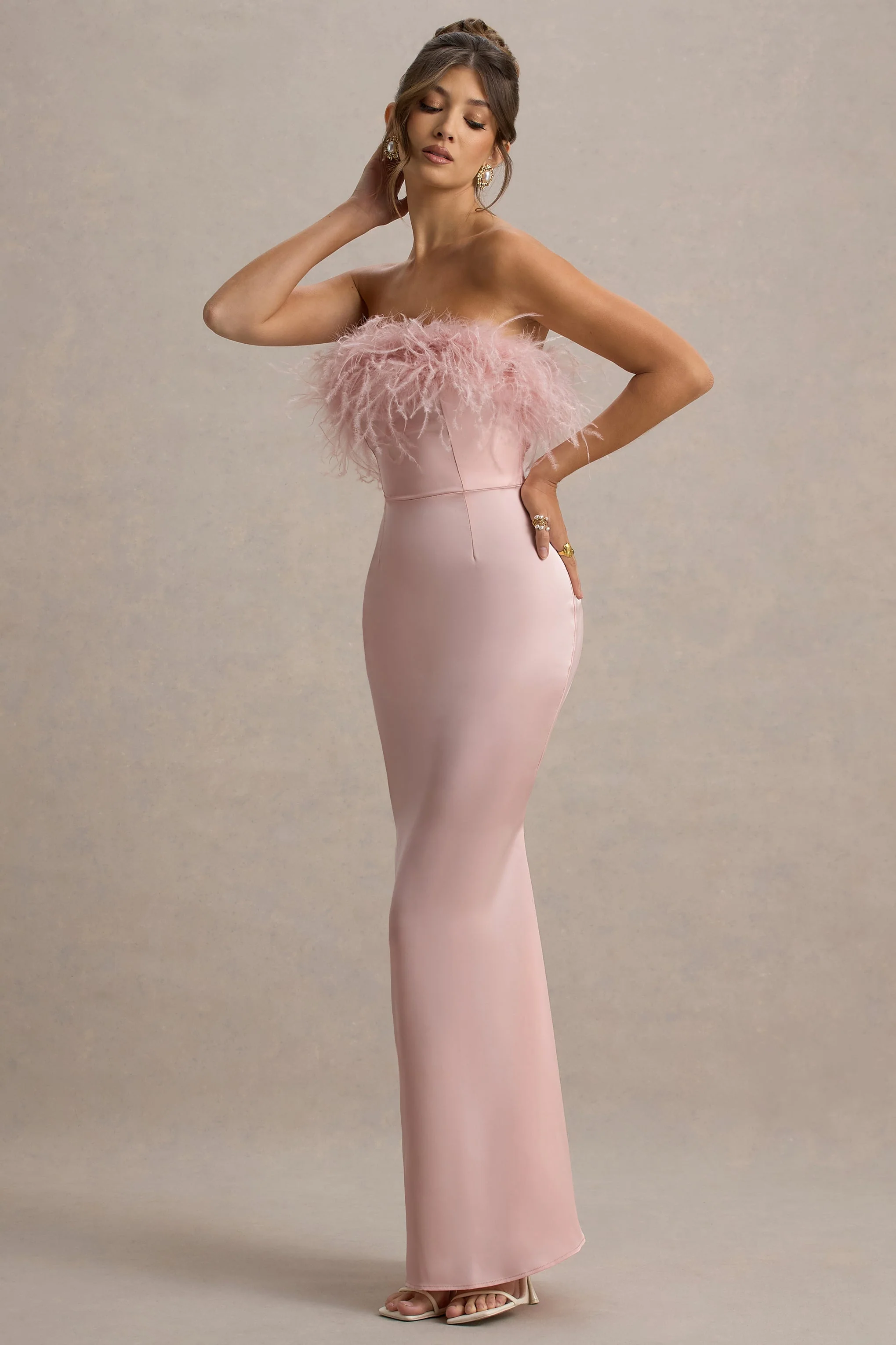 Dress For It | Pale Pink Satin Feather Trim Bandeau Maxi Dress