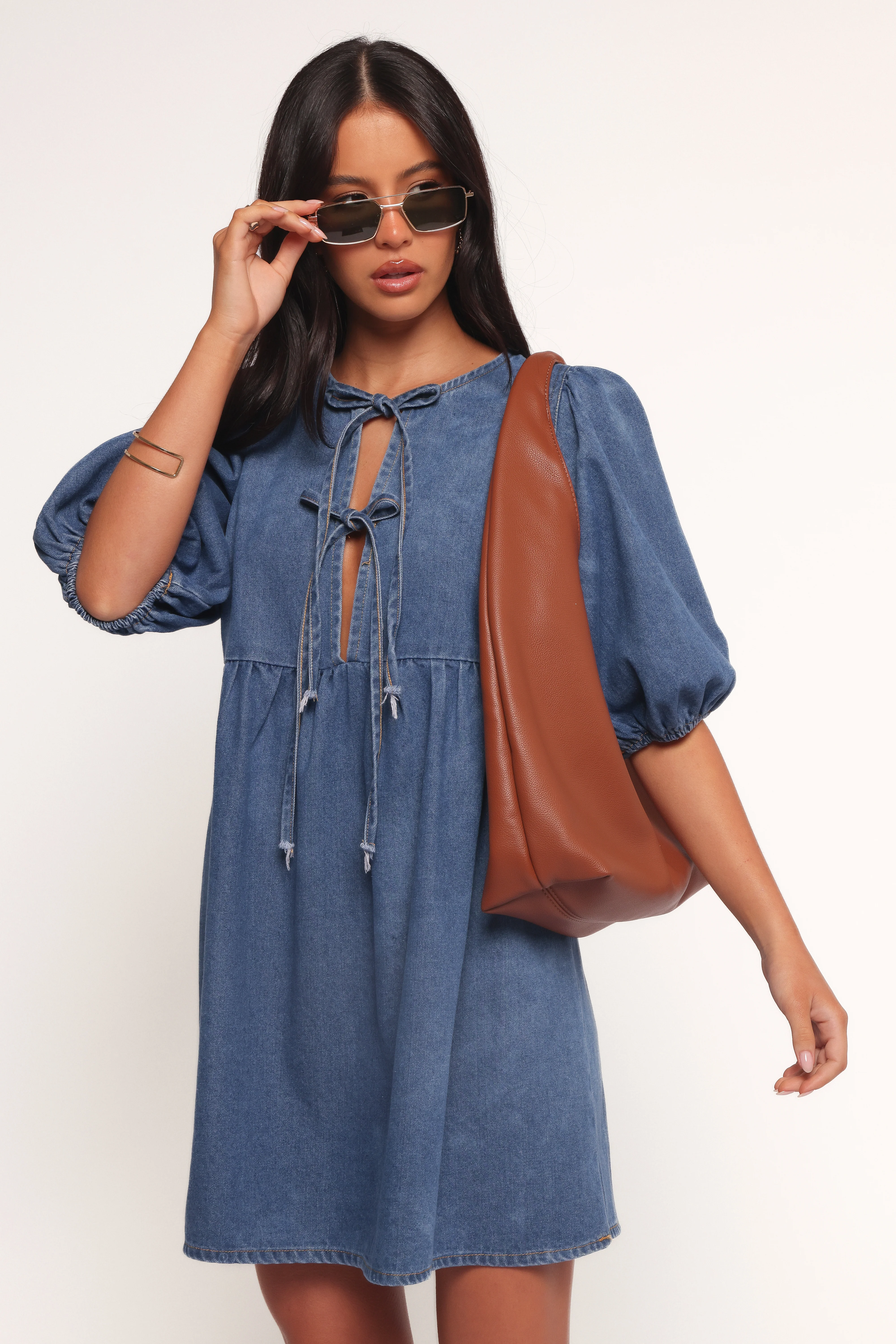 Romana Tie Front Mini Dress - Dark Denim