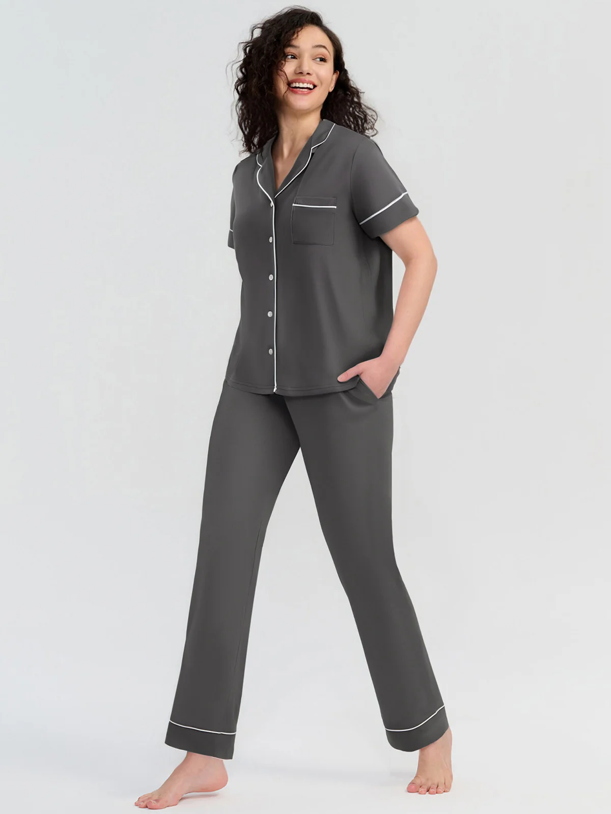 Solid Piped Short Sleeve Pajamas Set